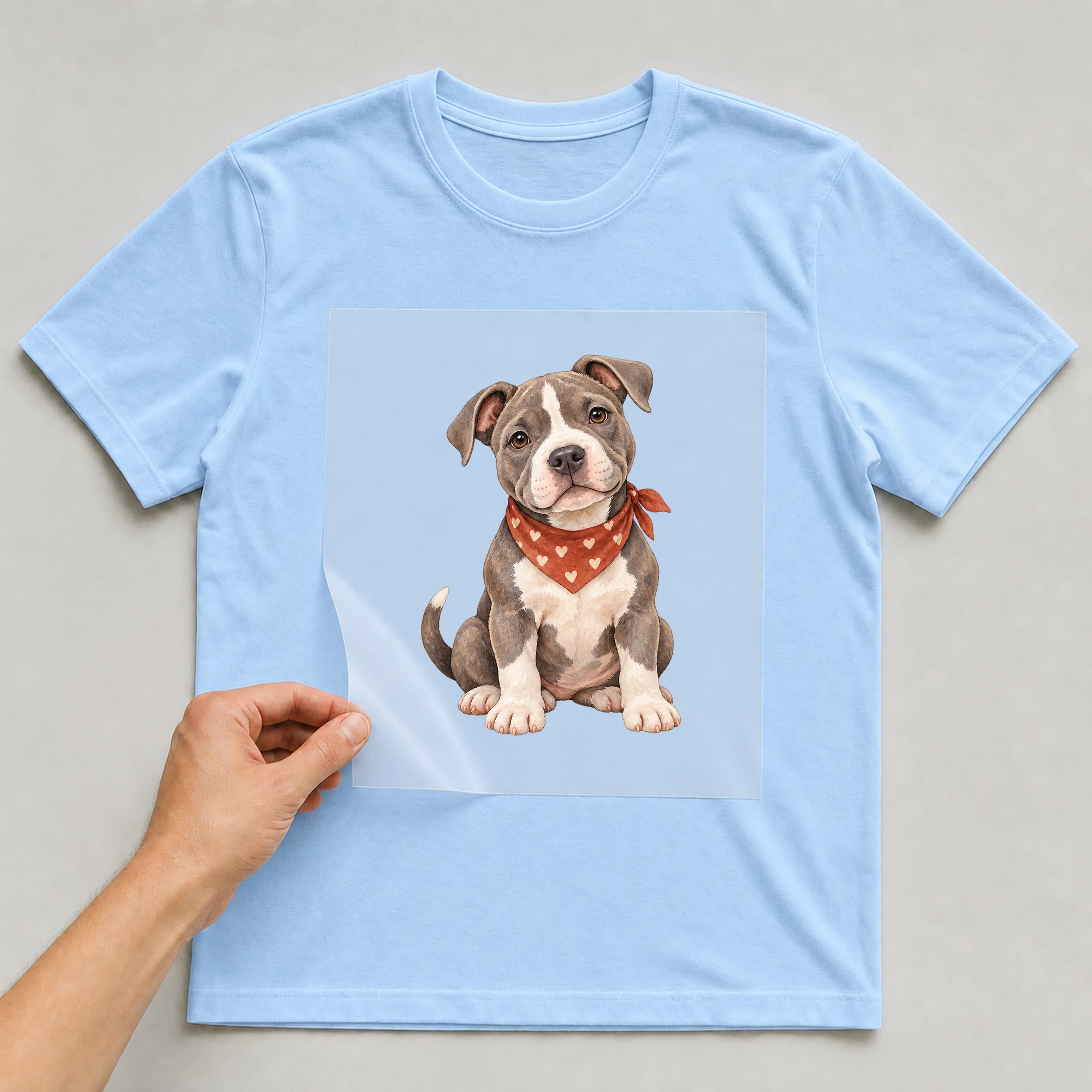 Bügelbild „Cute Pitbull“ auf babyblauem T-Shirt, Folie wird aufgelegt
