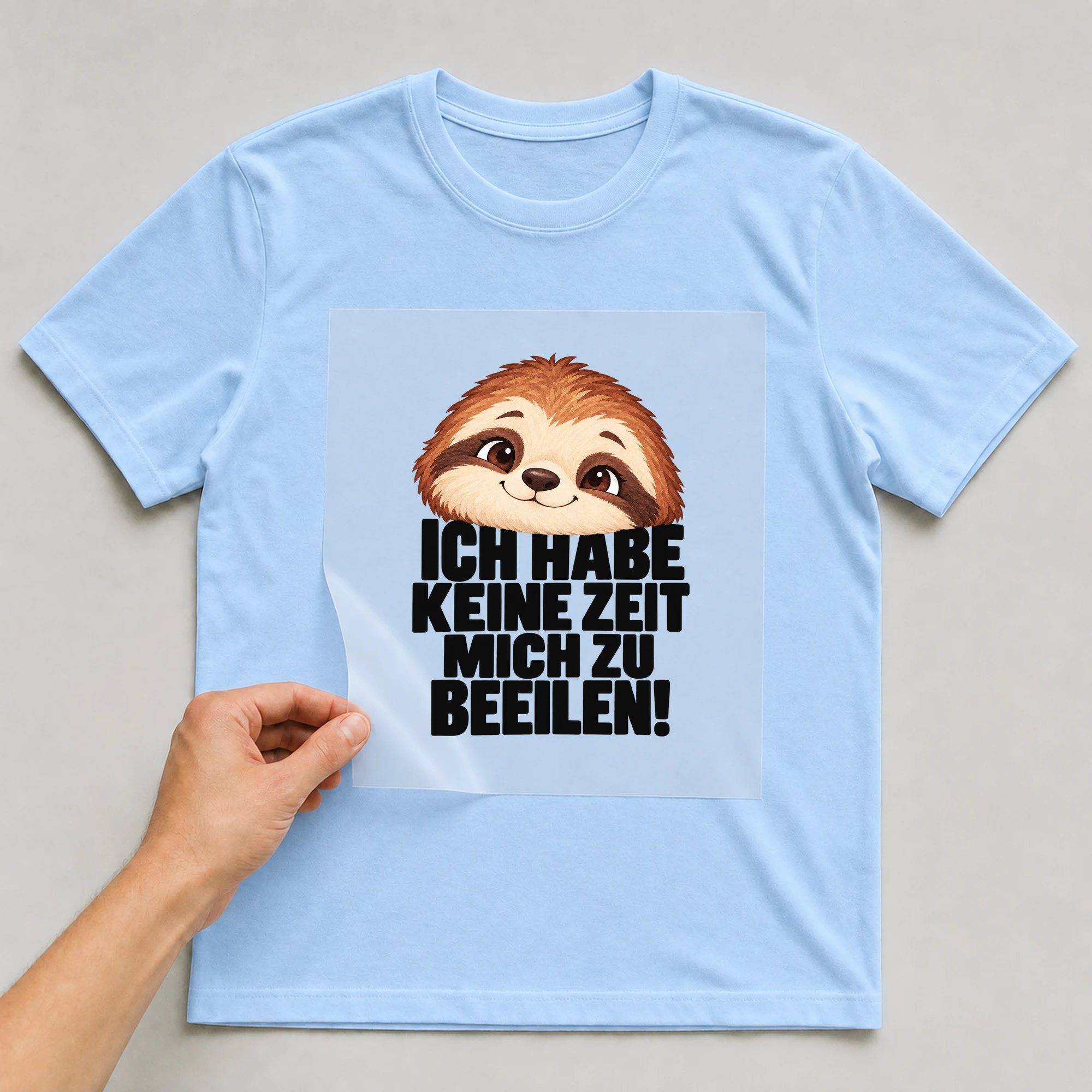 Bügelbild „Ich Habe Keine Zeit Mich Zu Beeilen!“ auf babyblauem T-Shirt, Folie wird aufgelegt
