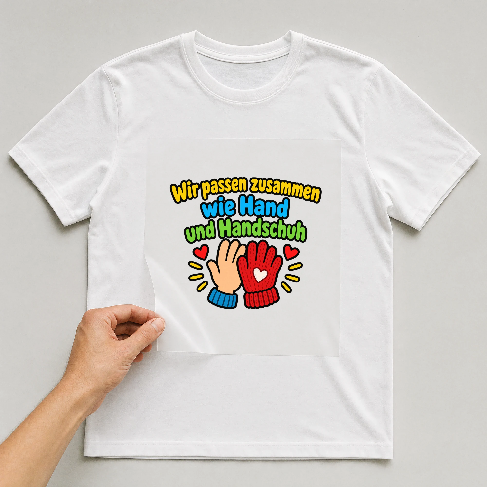 Bügelbild „Wir passen zusammen wie Hand und Handschuh“ auf weißem T-Shirt, Folie wird aufgelegt