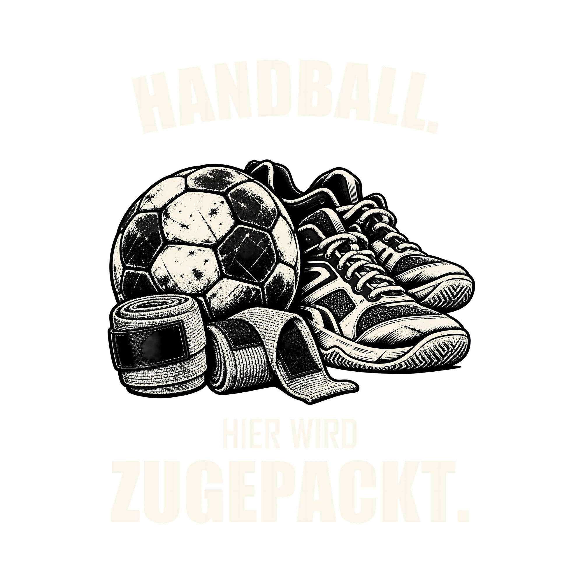 Bügelbild HANDBALL. HIER WIRD ZUGEPACKT. als Grafik auf weißem Hintergrund (BB013702)