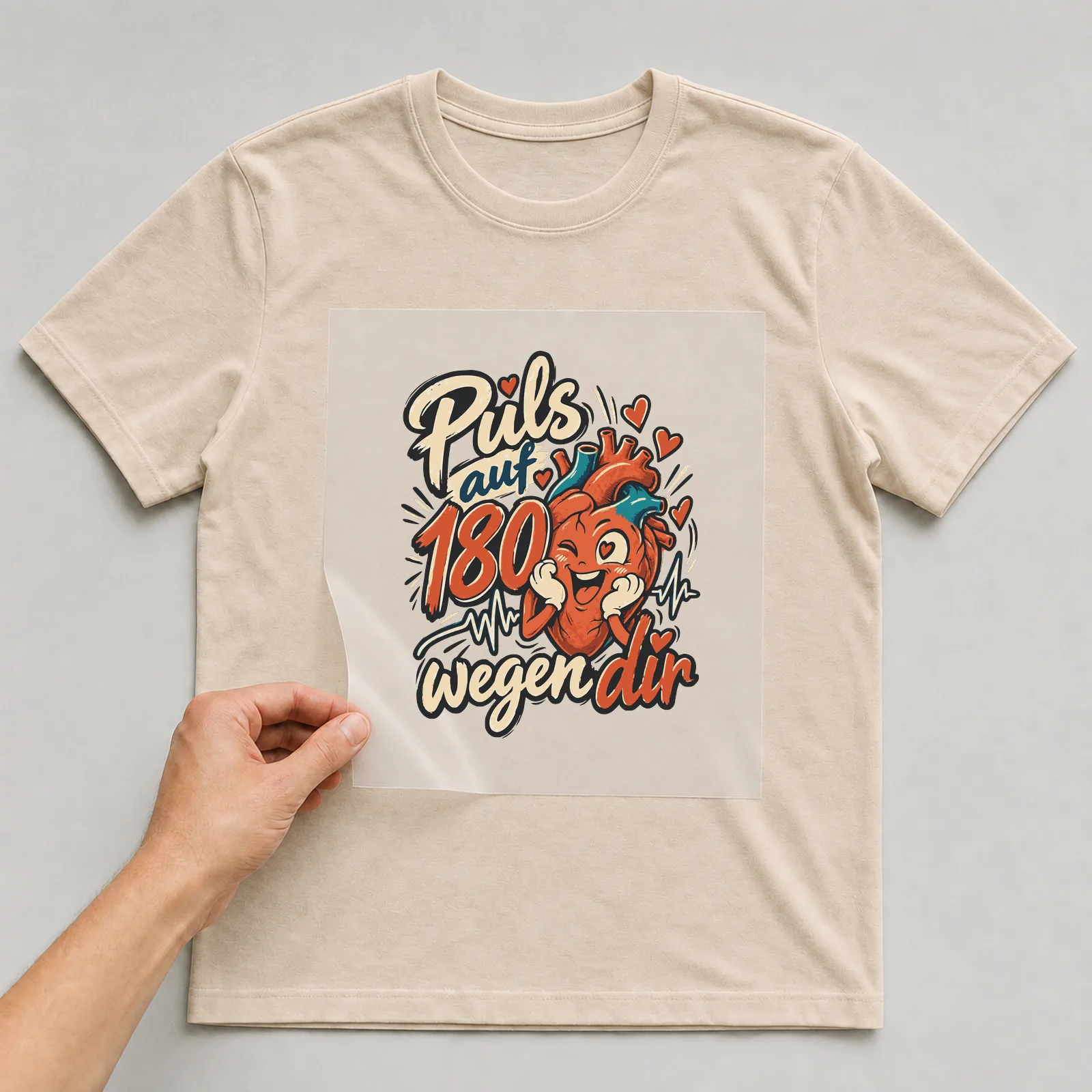 Bügelbild Puls auf 180 wegen dir auf beigem T-Shirt, Folie wird aufgelegt
