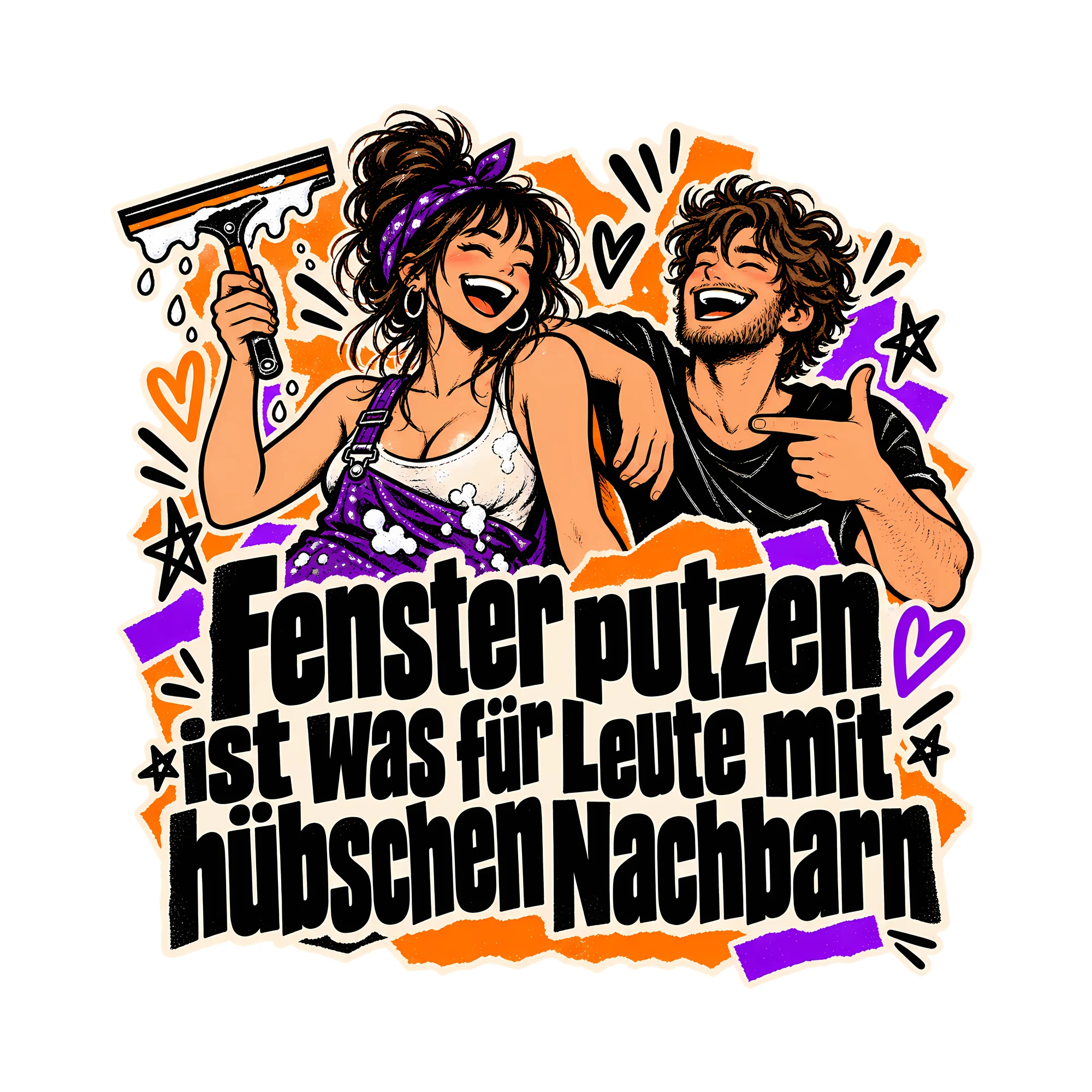 Bügelbild Fenster putzen ist was für Leute mit hübschen Nachbarn, Lustiger Shirt Spruch als Grafik auf weißem Hintergrund (BB014663)