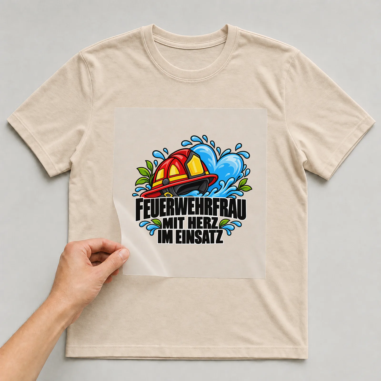 Bügelbild „Feuerwehrfrau mit Herz im Einsatz“ auf beigem T-Shirt, Folie wird aufgelegt