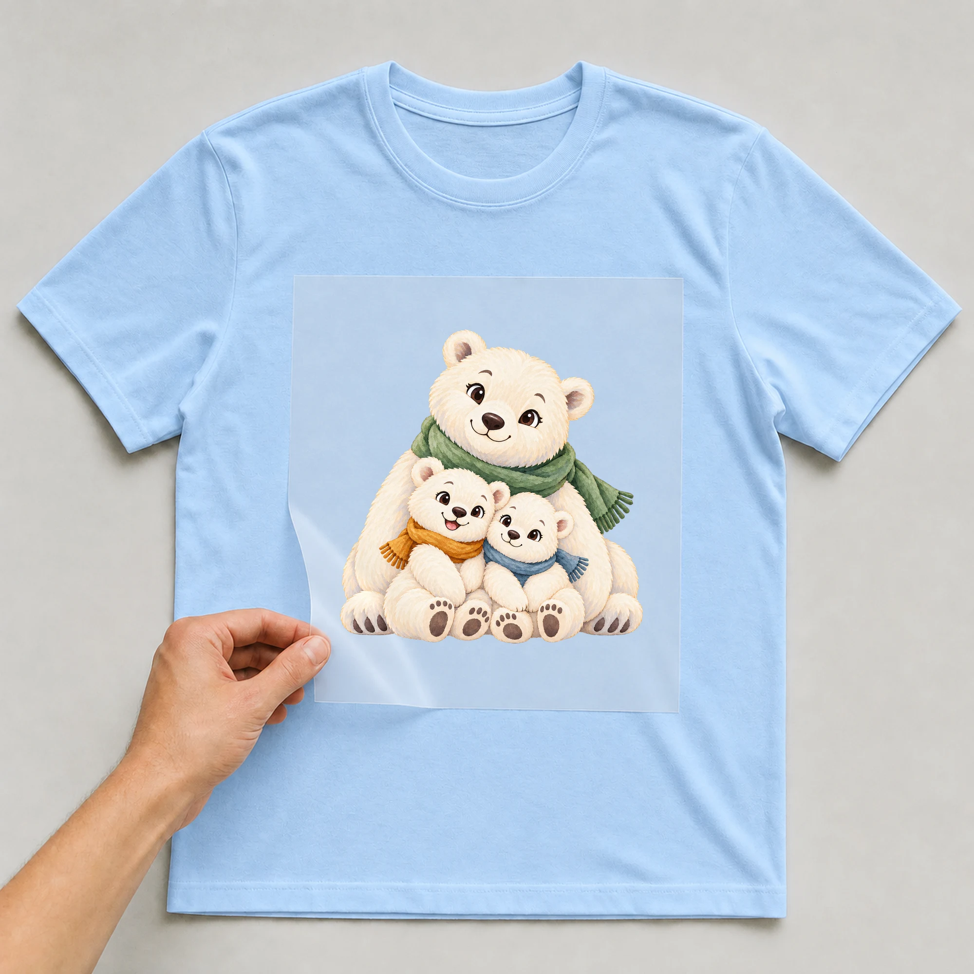 Bügelbild „Eisbären Familie“ auf babyblauem T-Shirt, Folie wird aufgelegt