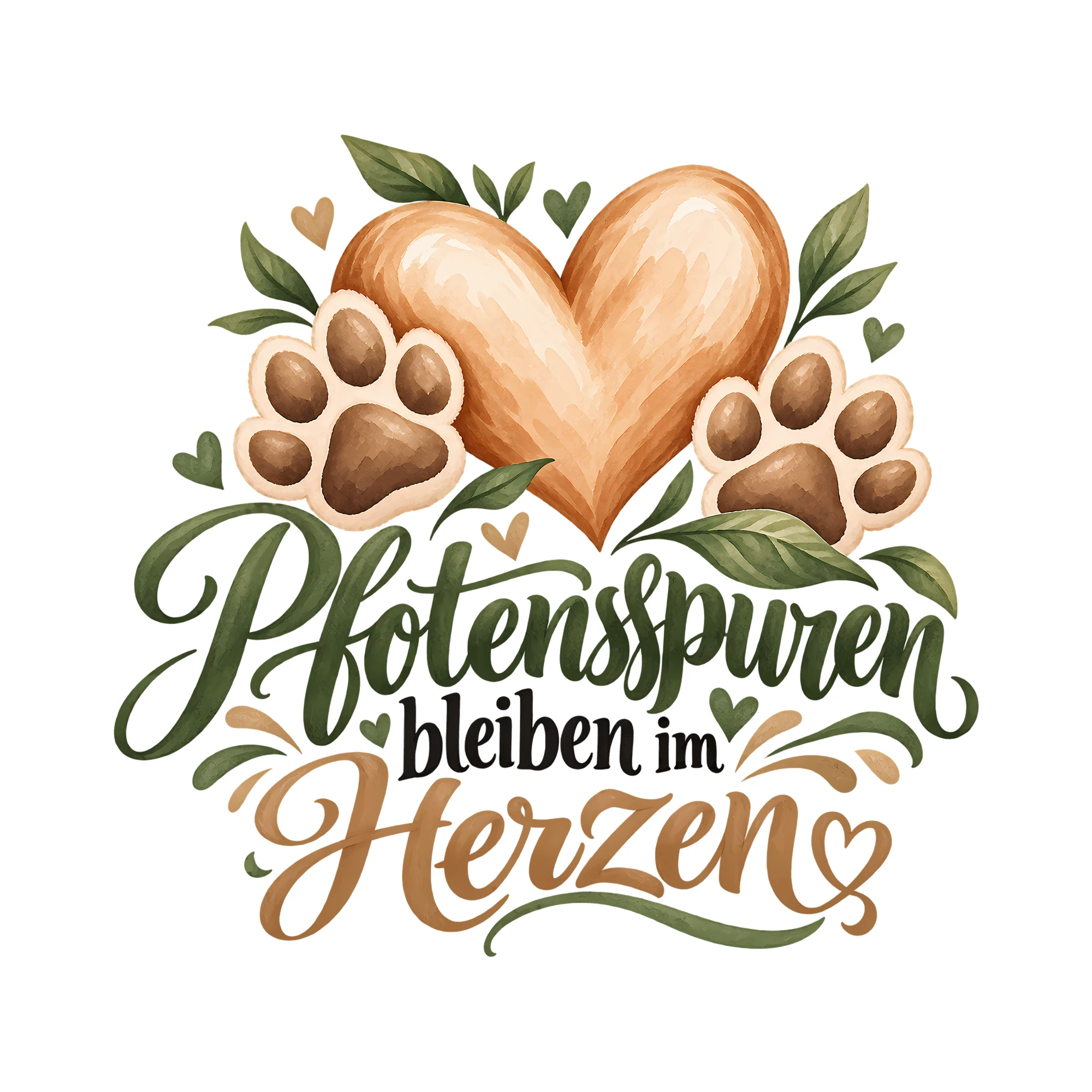 Bügelbild Pfotenspuren bleiben im Herzen als Grafik auf weißem Hintergrund (BB013588)