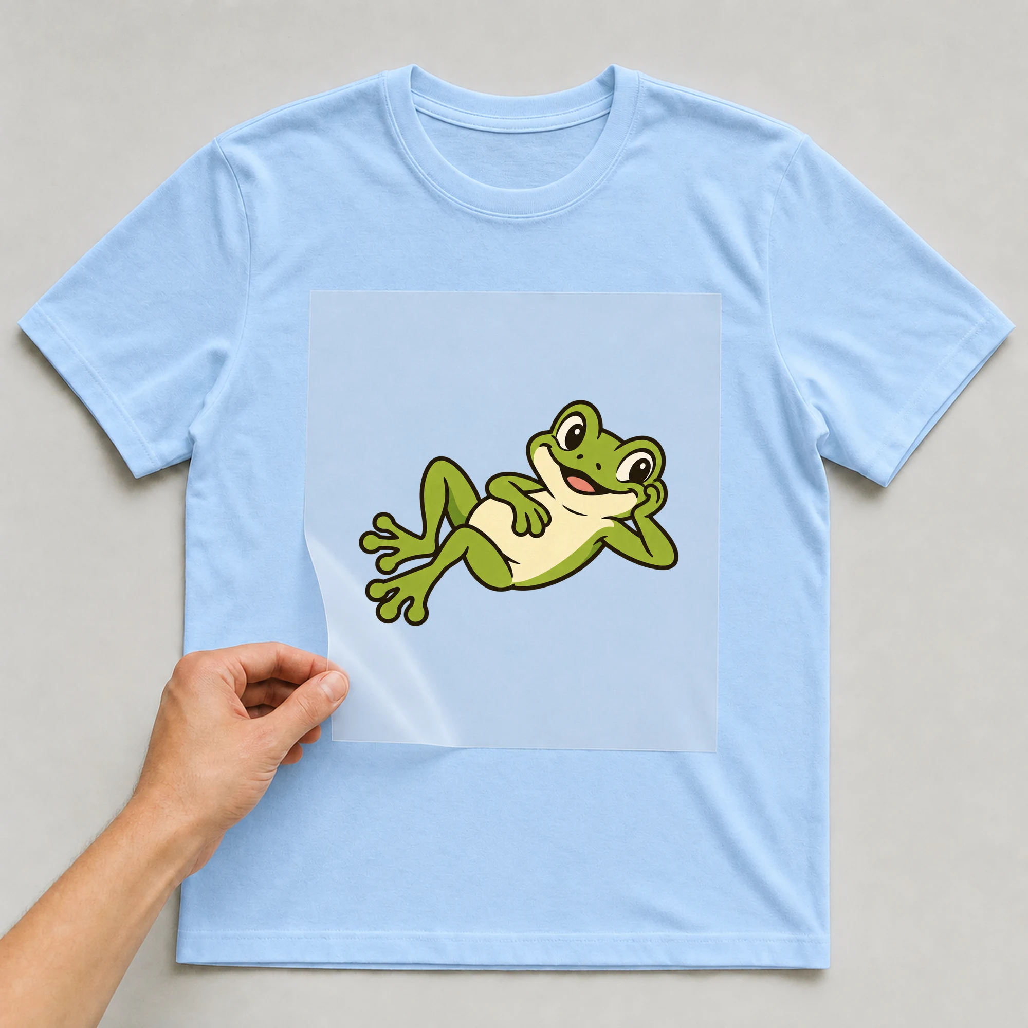 Bügelbild „BB021135-motiv-r03626“ auf babyblauem T-Shirt, Folie wird aufgelegt