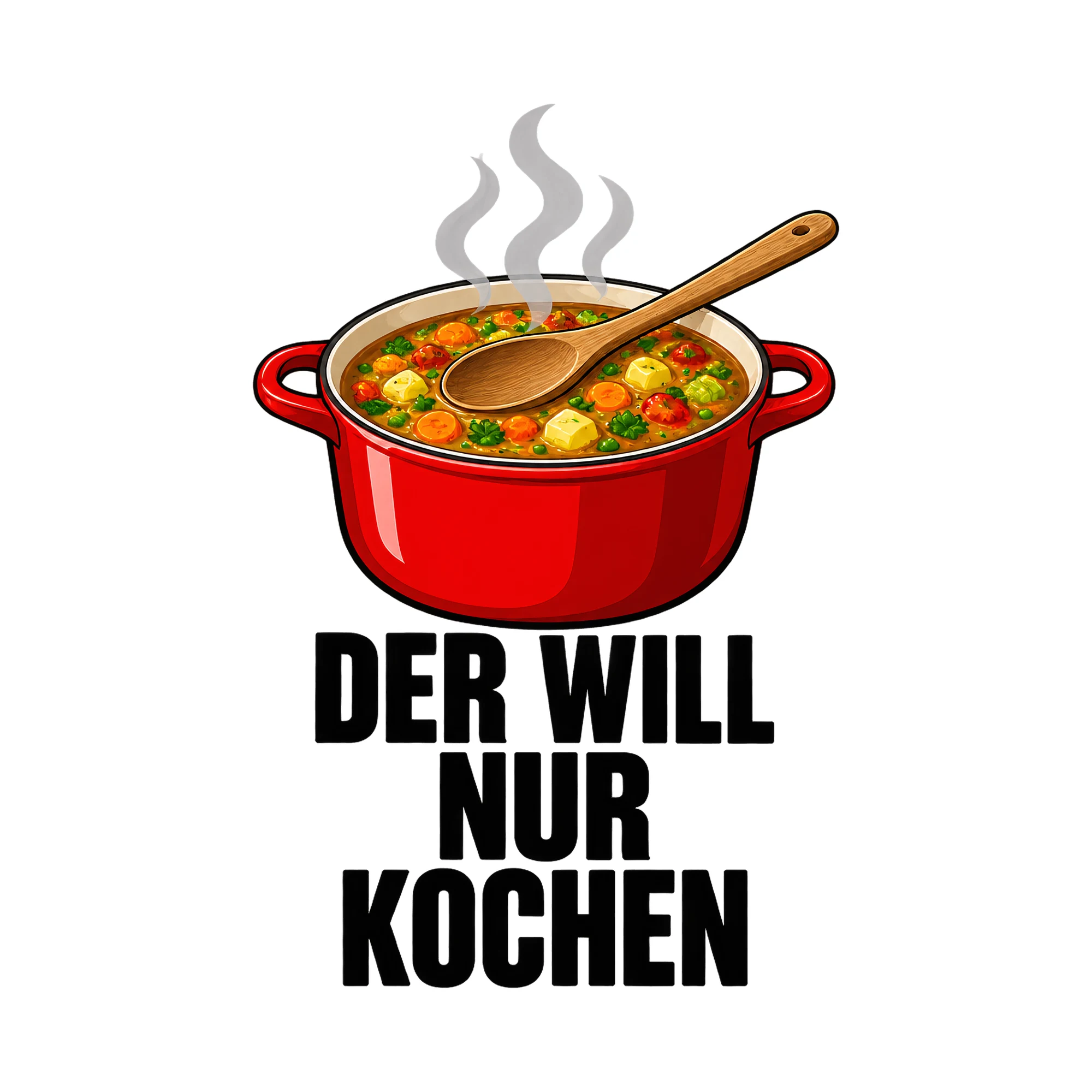 Bügelbild Der will nur kochen, Küchen Spruch Bügelbild als Grafik auf weißem Hintergrund (BB017062)