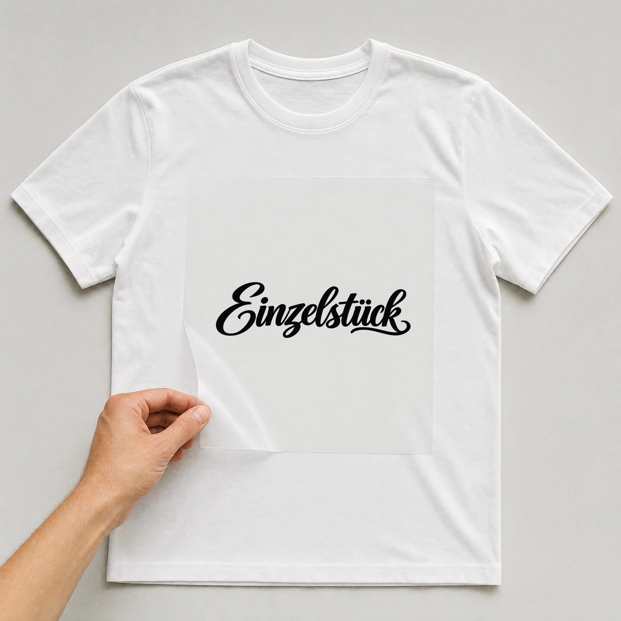 Bügelbild „Einzelstück“ auf weißem T-Shirt, Folie wird aufgelegt