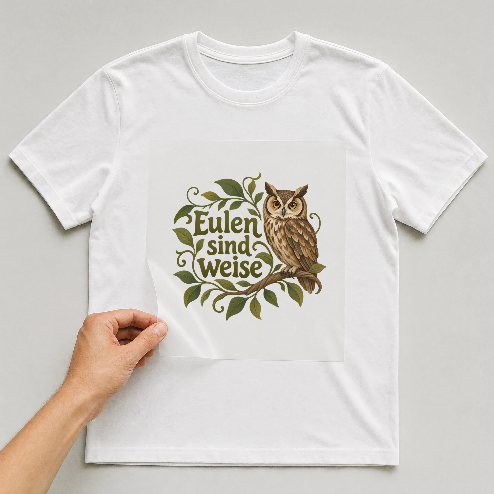 Bügelbild „Eulen sind weise“ auf weißem T-Shirt, Folie wird aufgelegt