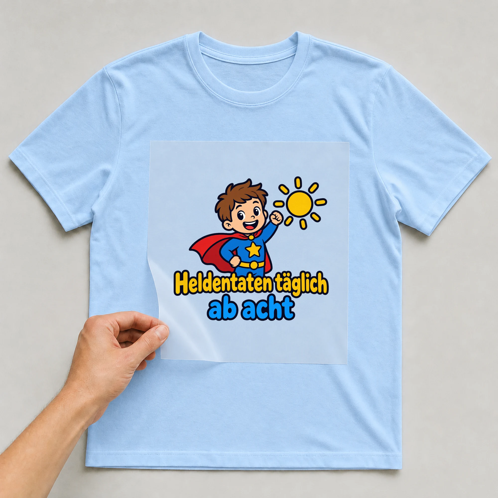 Bügelbild „Heldentaten täglich ab acht“ auf babyblauem T-Shirt, Folie wird aufgelegt