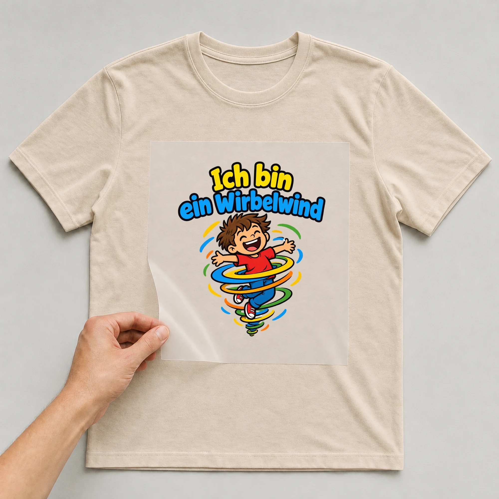 Bügelbild „Ich bin ein Wirbelwind“ auf beigem T-Shirt, Folie wird aufgelegt