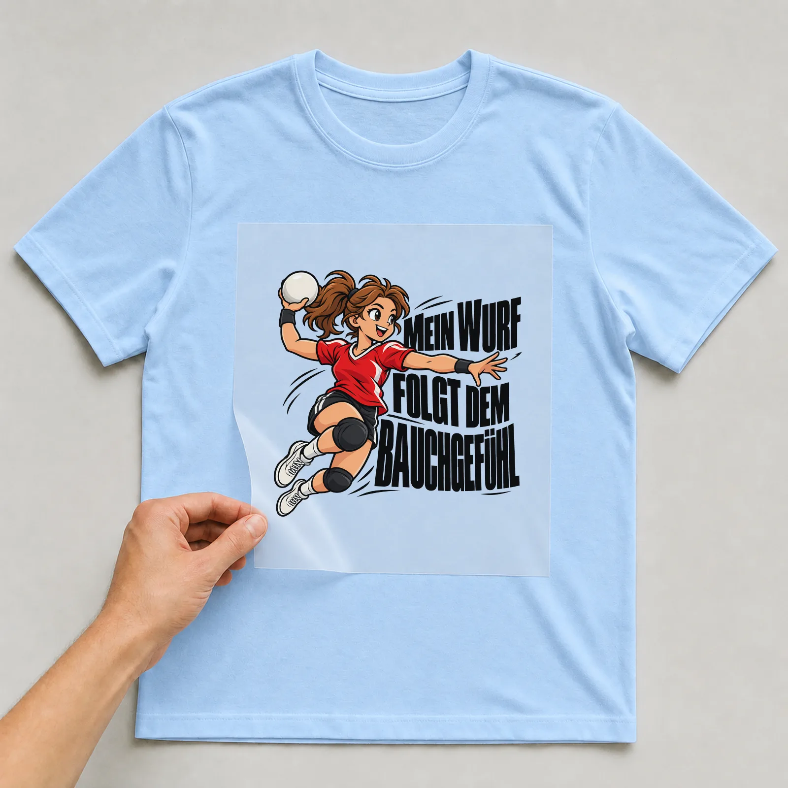 Bügelbild „Mein Wurf folgt dem Bauchgefühl“ auf hellblauem T-Shirt, Folie wird aufgelegt