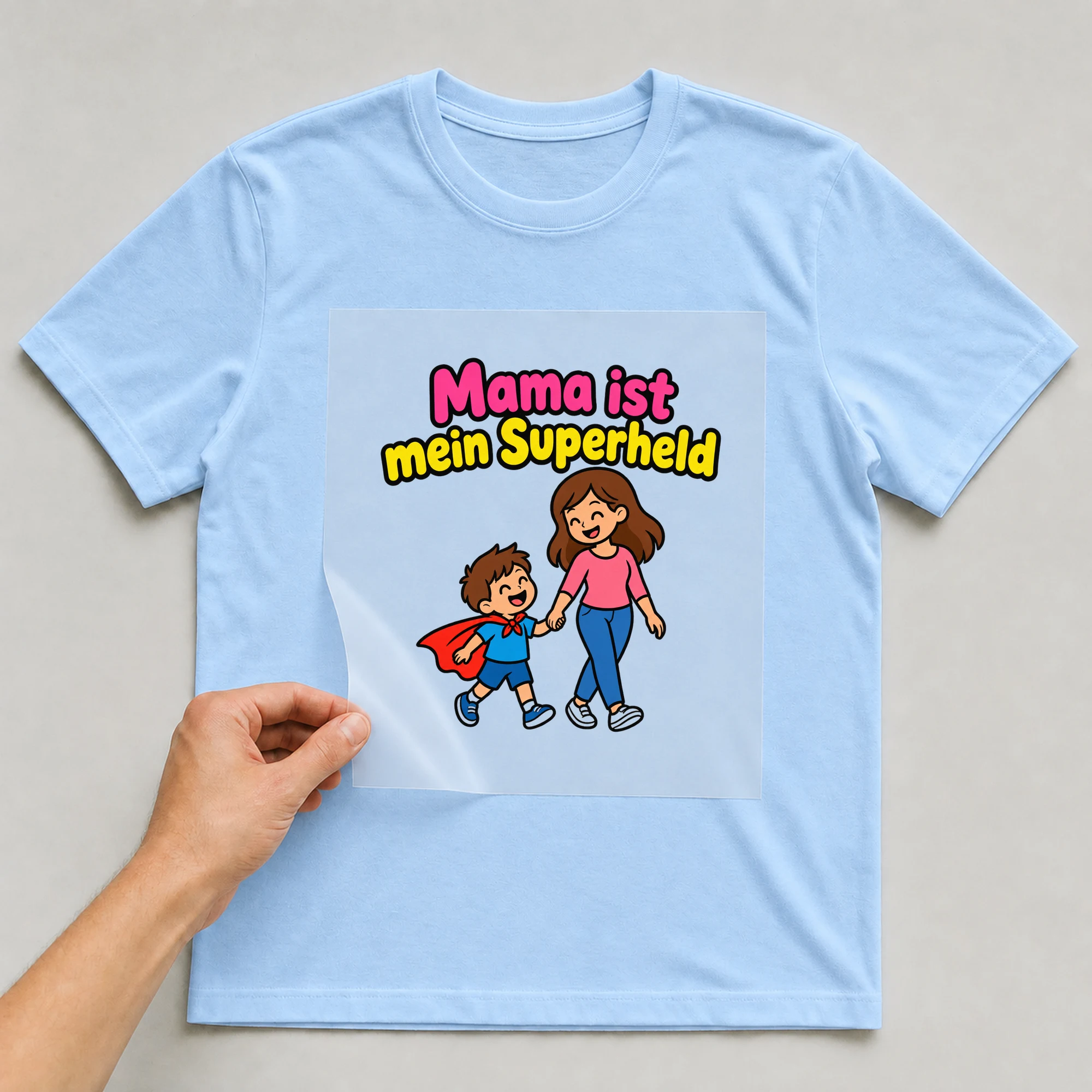 Bügelbild „Mama ist mein Superheld“ auf babyblauem T-Shirt, Folie wird aufgelegt