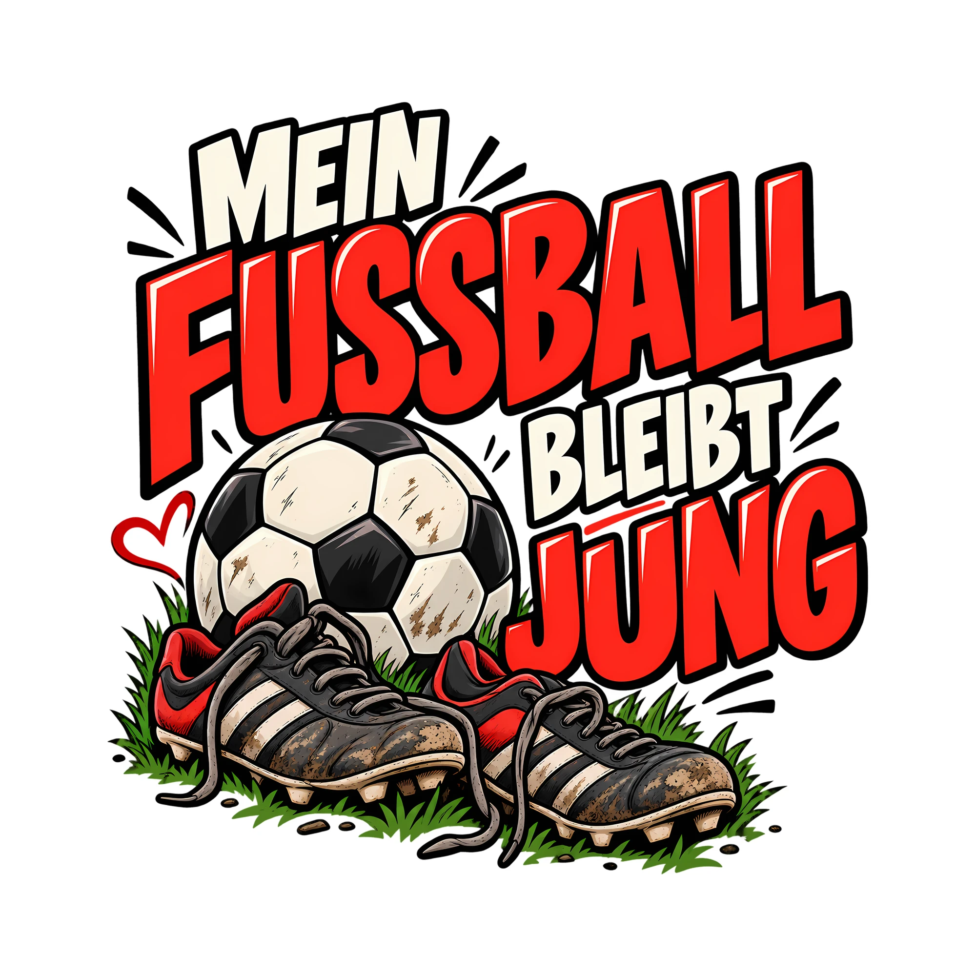 Bügelbild MEIN FUSSBALL BLEIBT JUNG als Grafik auf weißem Hintergrund (BB013814)