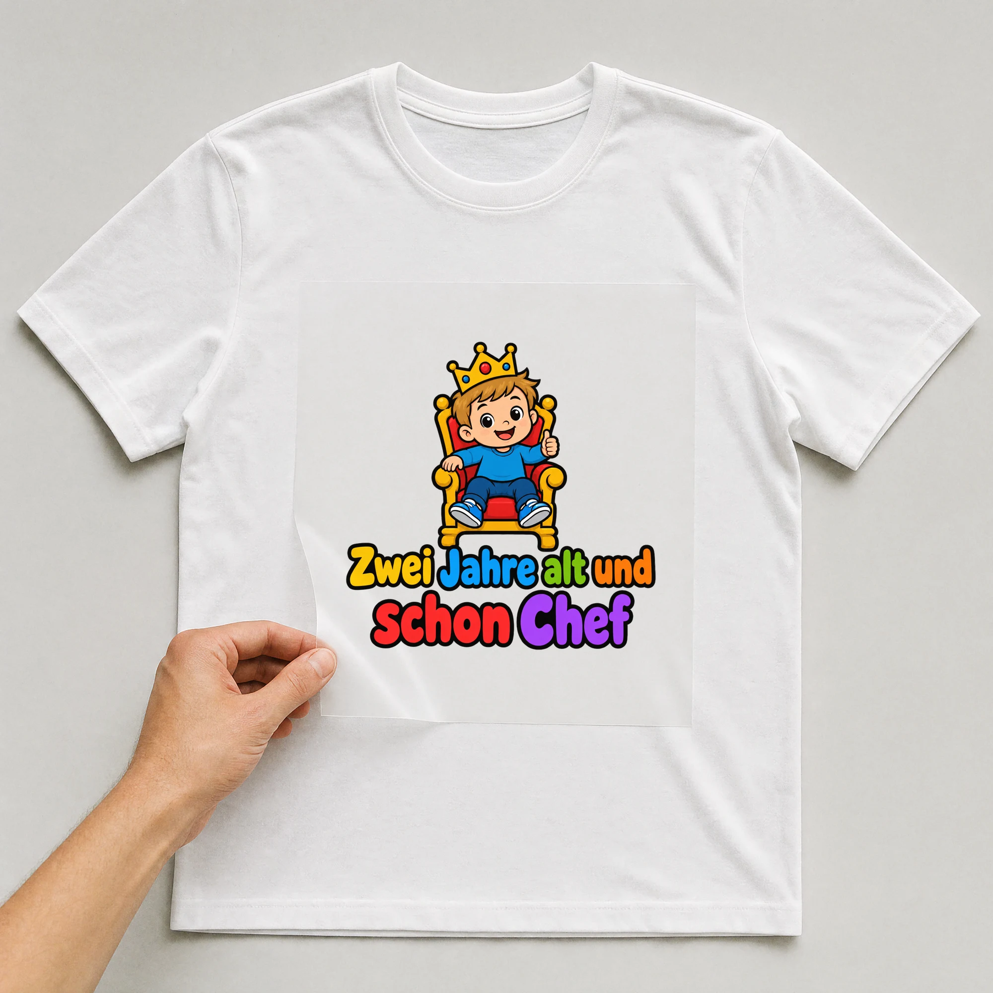 Bügelbild „Zwei Jahre alt und schon Chef“ auf weißem T-Shirt, Folie wird aufgelegt