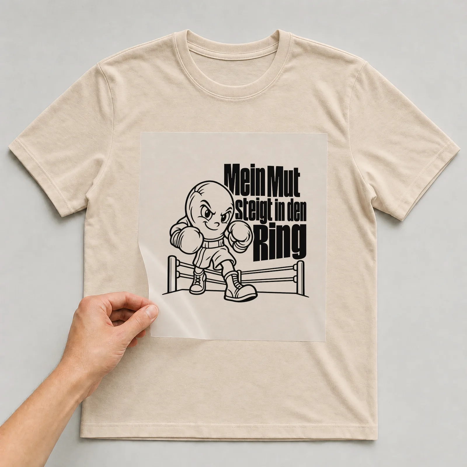 Bügelbild „Mein Mut steigt in den Ring“ auf beigem T-Shirt, Folie wird aufgelegt