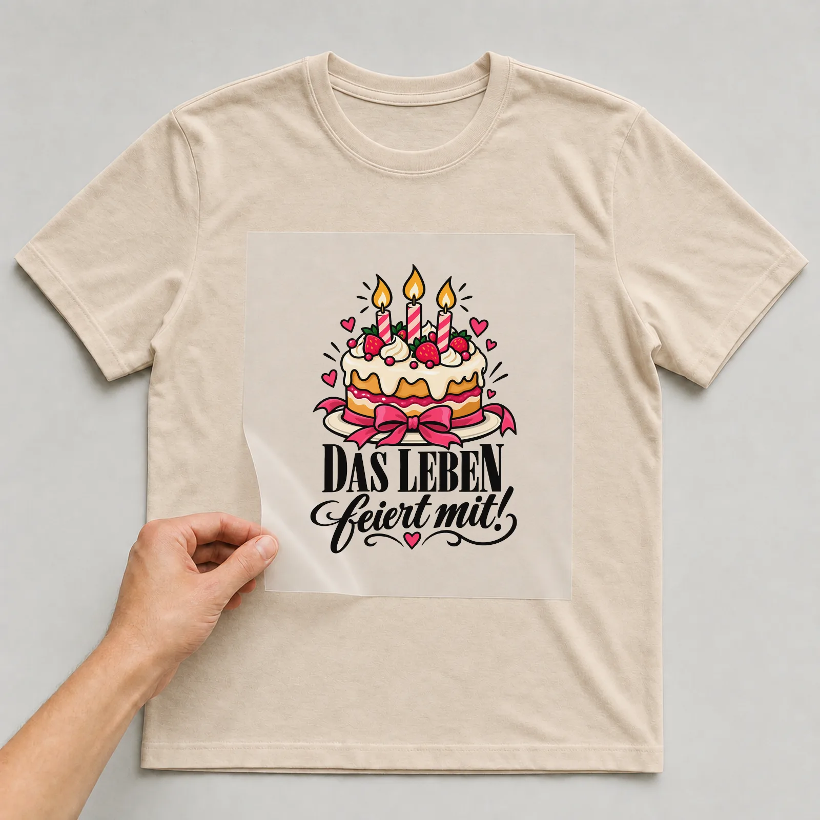 Bügelbild „Das Leben feiert mit!“ auf beigem T-Shirt, Folie wird aufgelegt