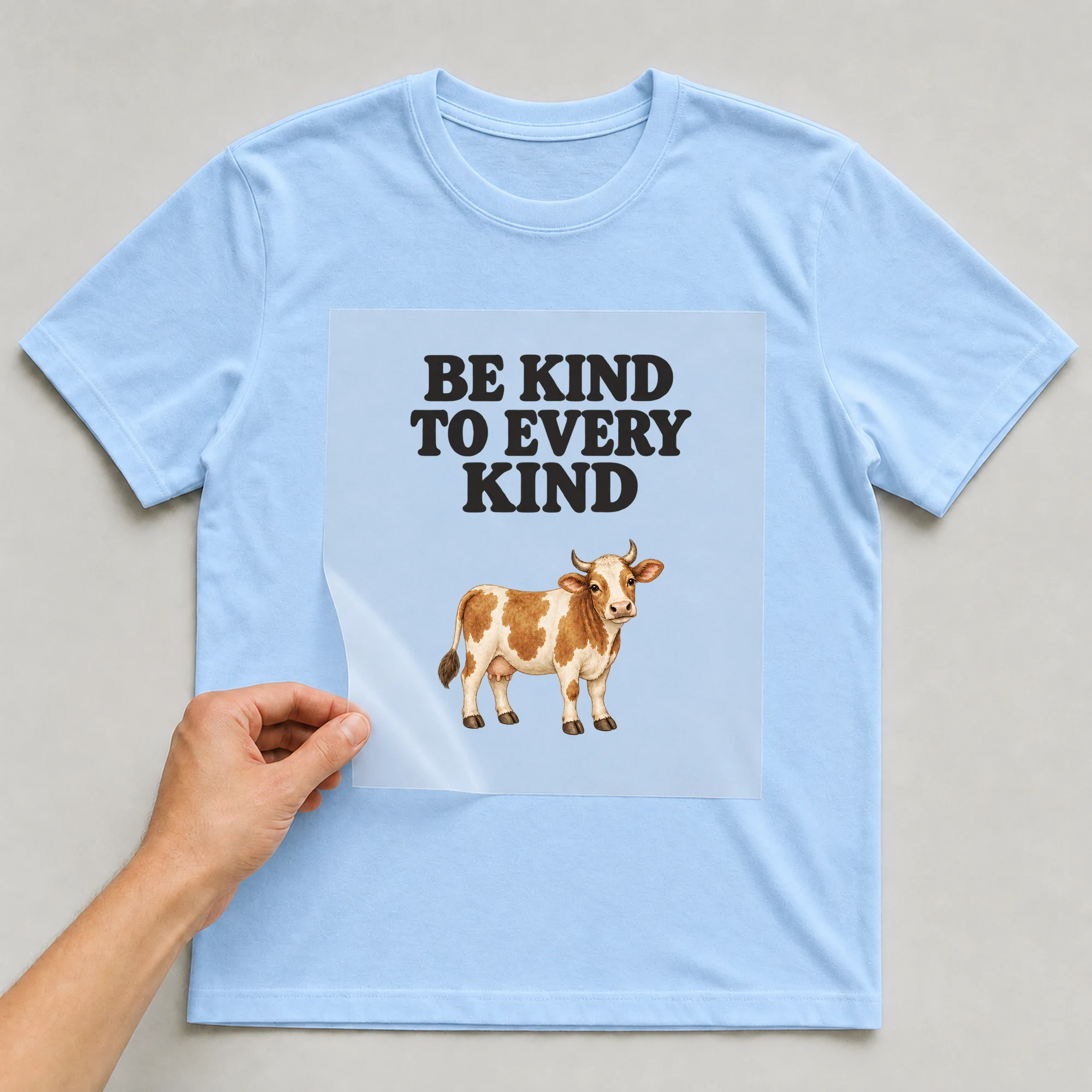 Bügelbild „BE KIND TO EVERY KIND“ auf babyblauem T-Shirt, Folie wird aufgelegt