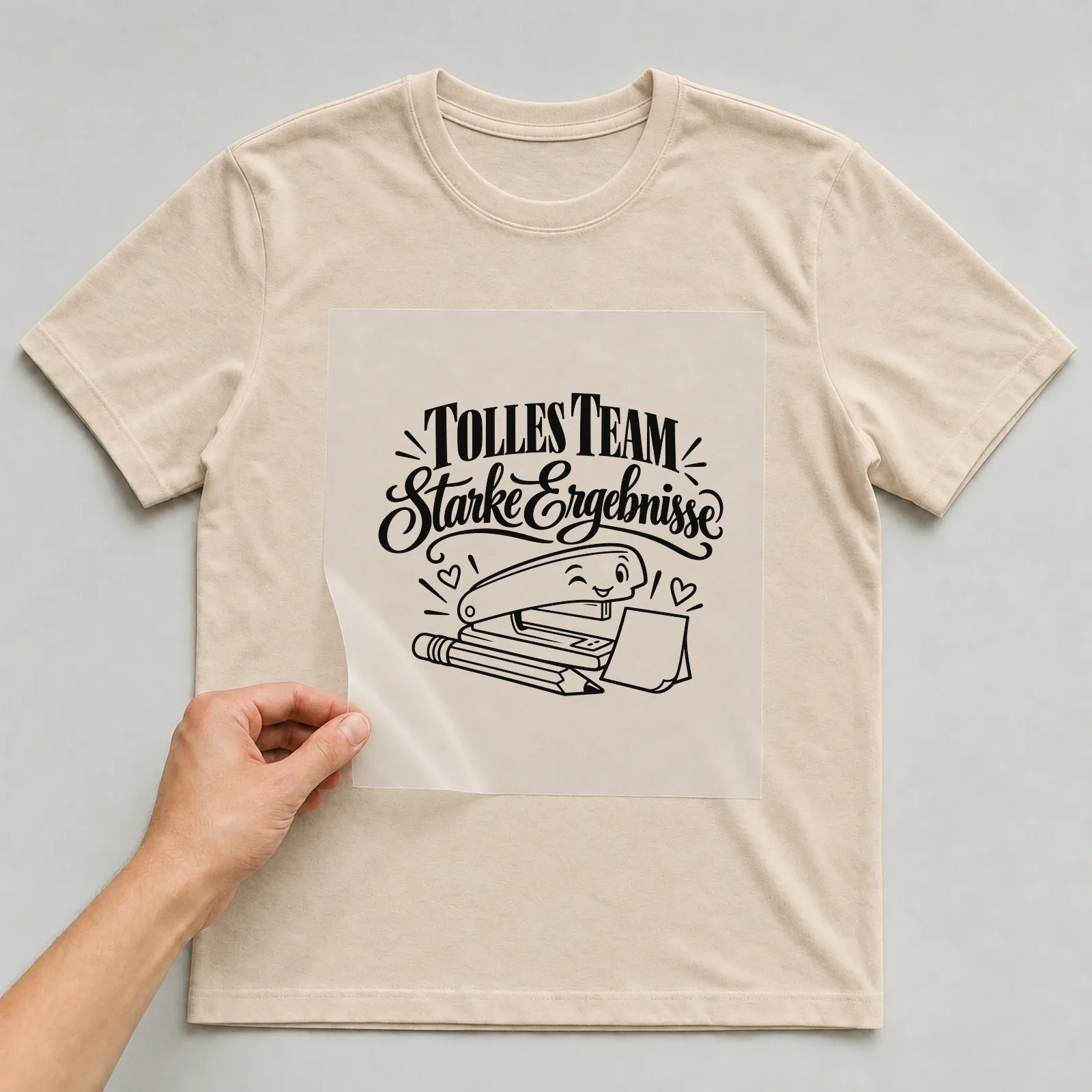 Bügelbild „Tolles Team starke Ergebnisse“ auf beigem T-Shirt, Folie wird aufgelegt