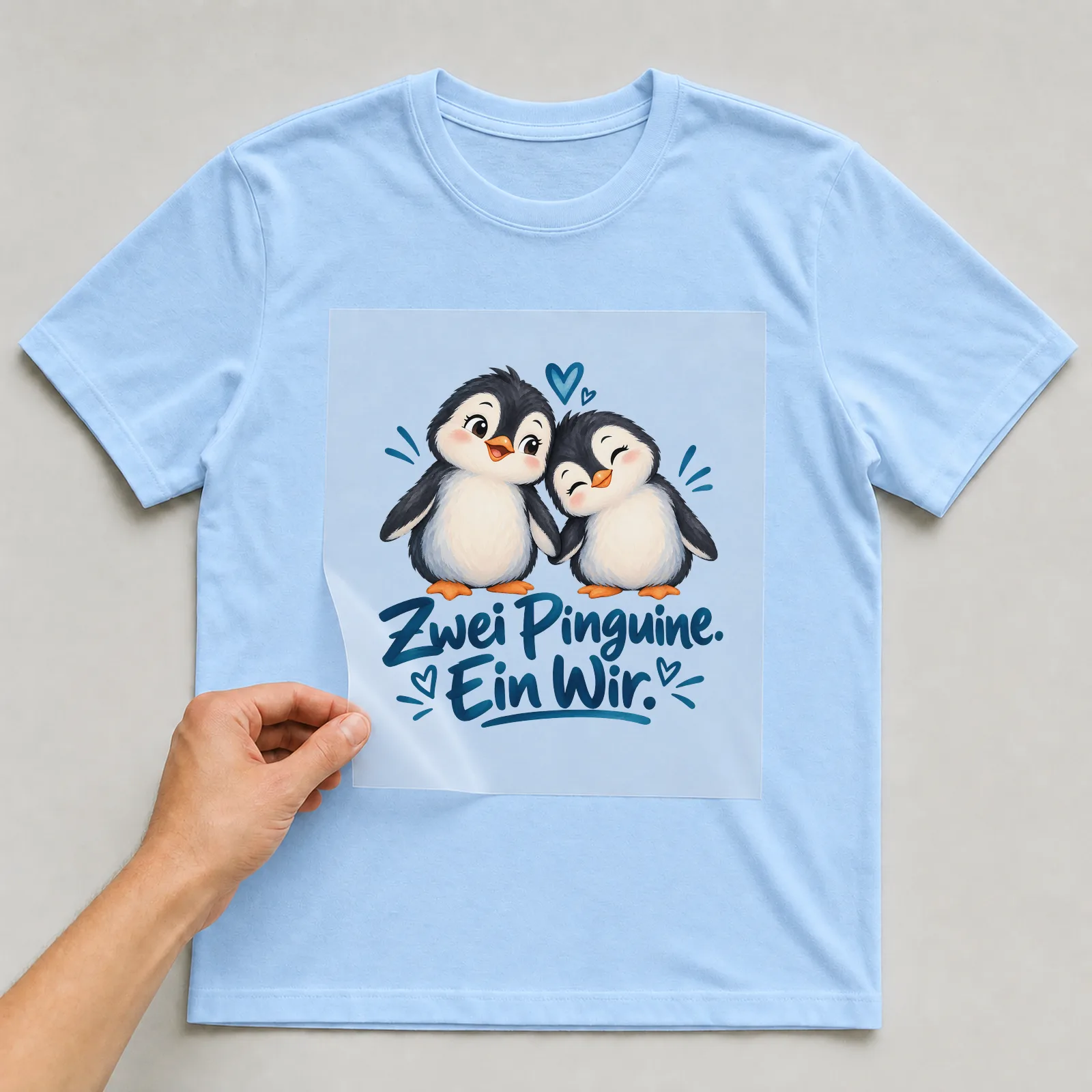 Bügelbild „Zwei Pinguine. Ein Wir.“ auf hellblauem T-Shirt, Folie wird aufgelegt