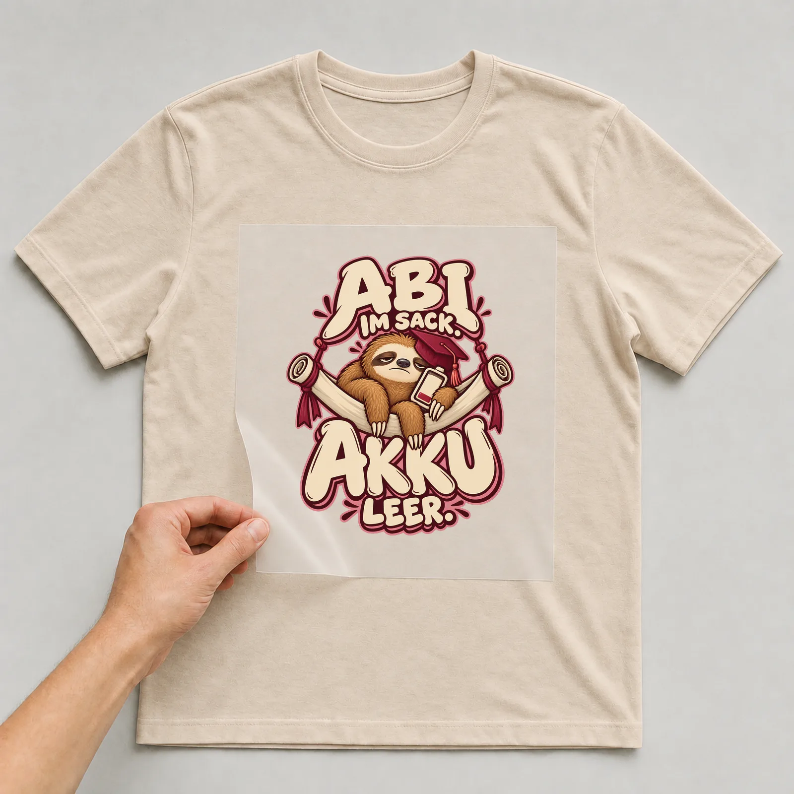 Bügelbild „Abi im Sack. Akku leer.“ auf beigem T-Shirt, Folie wird aufgelegt