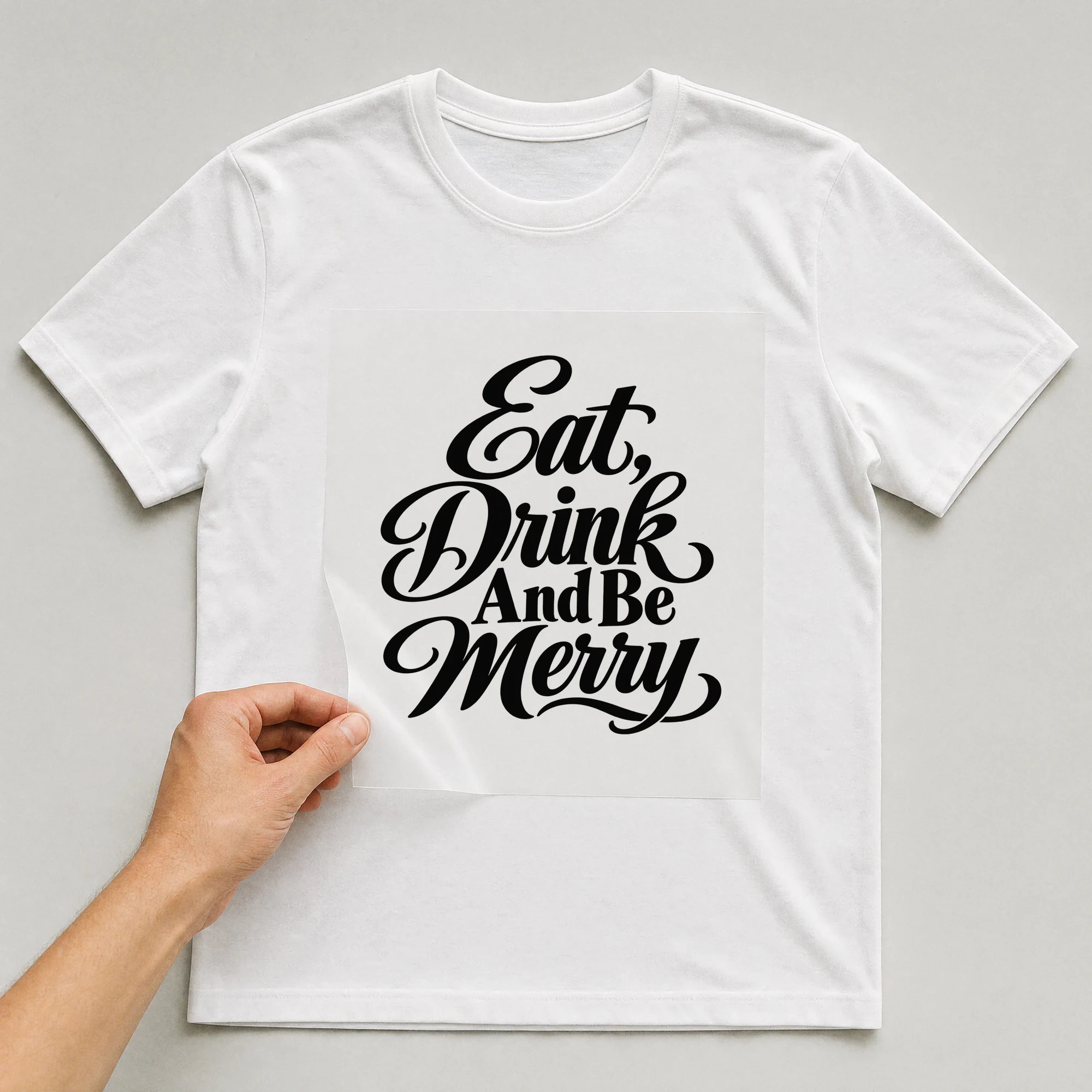 Bügelbild „Eat, Drink And Be Merry“ auf weißem T-Shirt, Folie wird aufgelegt