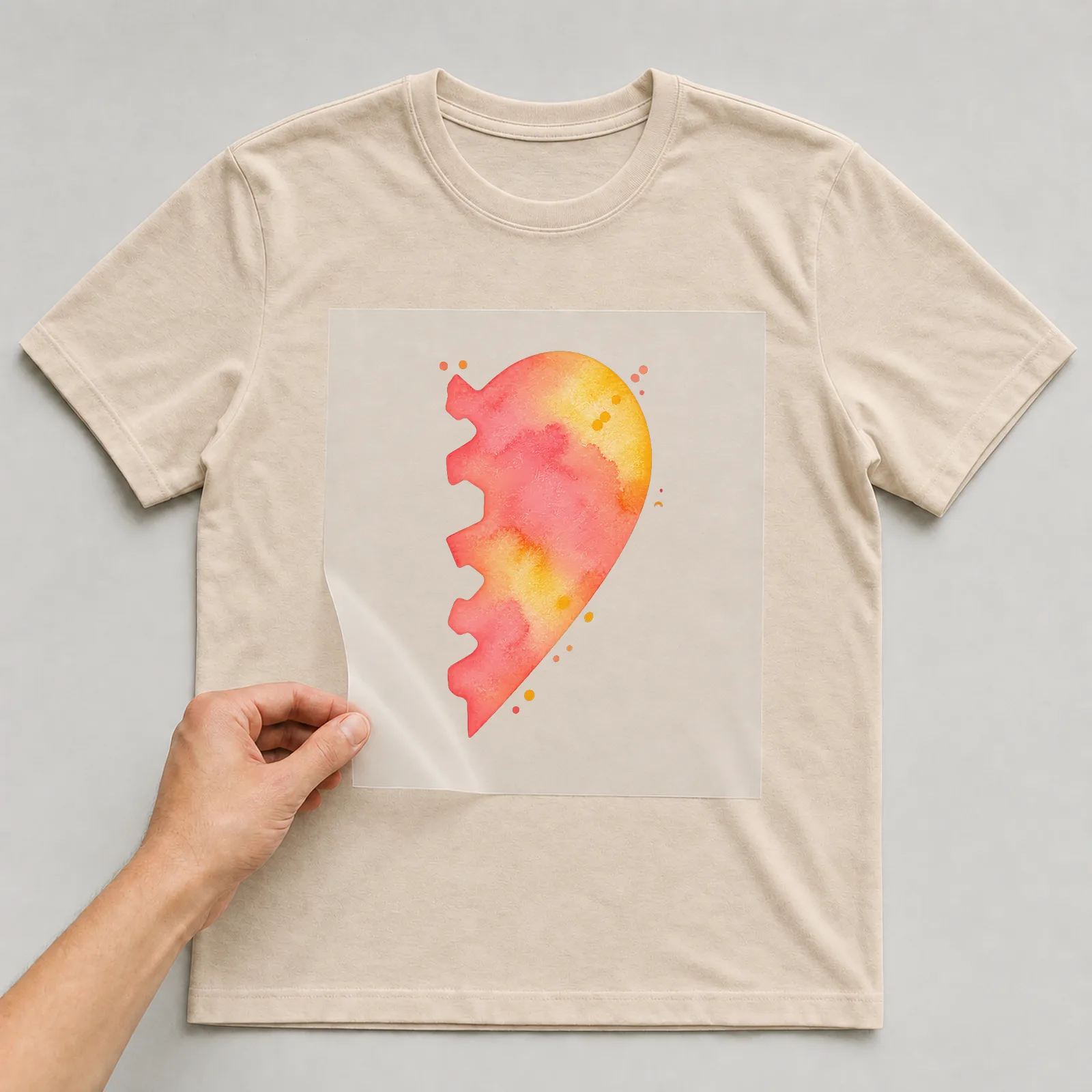 Bügelbild freundschaft herzhaelfte rechts auf beigem T-Shirt, Folie wird aufgelegt
