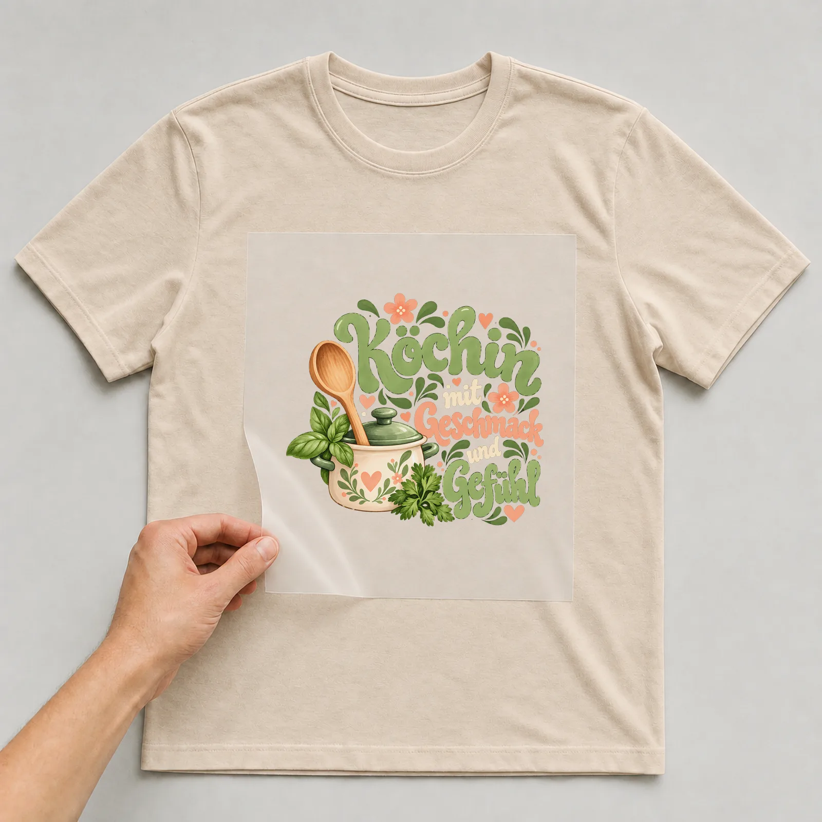 Bügelbild „Köchin mit Geschmack und Gefühl“ auf beigem T-Shirt, Folie wird aufgelegt