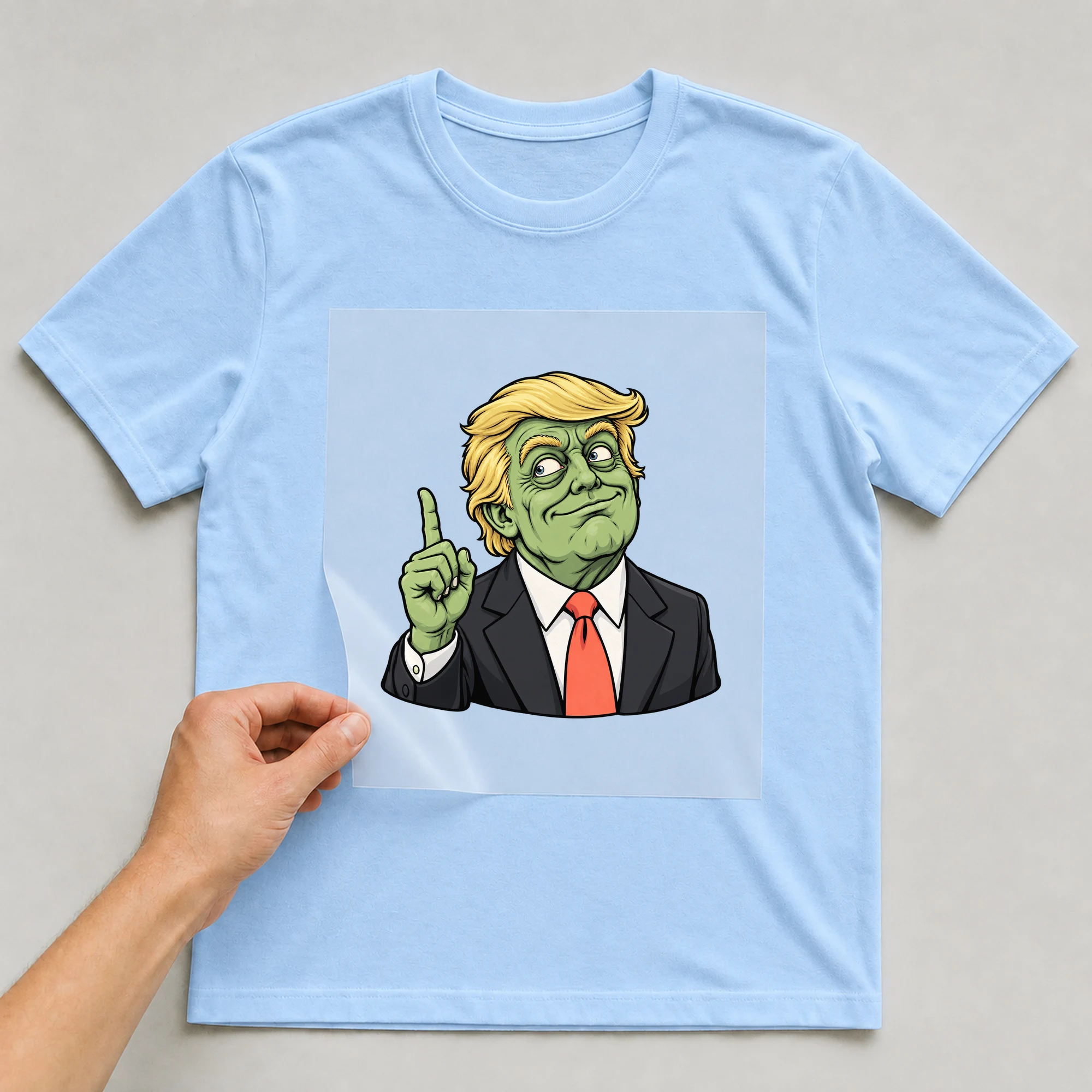 Bügelbild „Make Zombie Great Again“ auf babyblauem T-Shirt, Folie wird aufgelegt