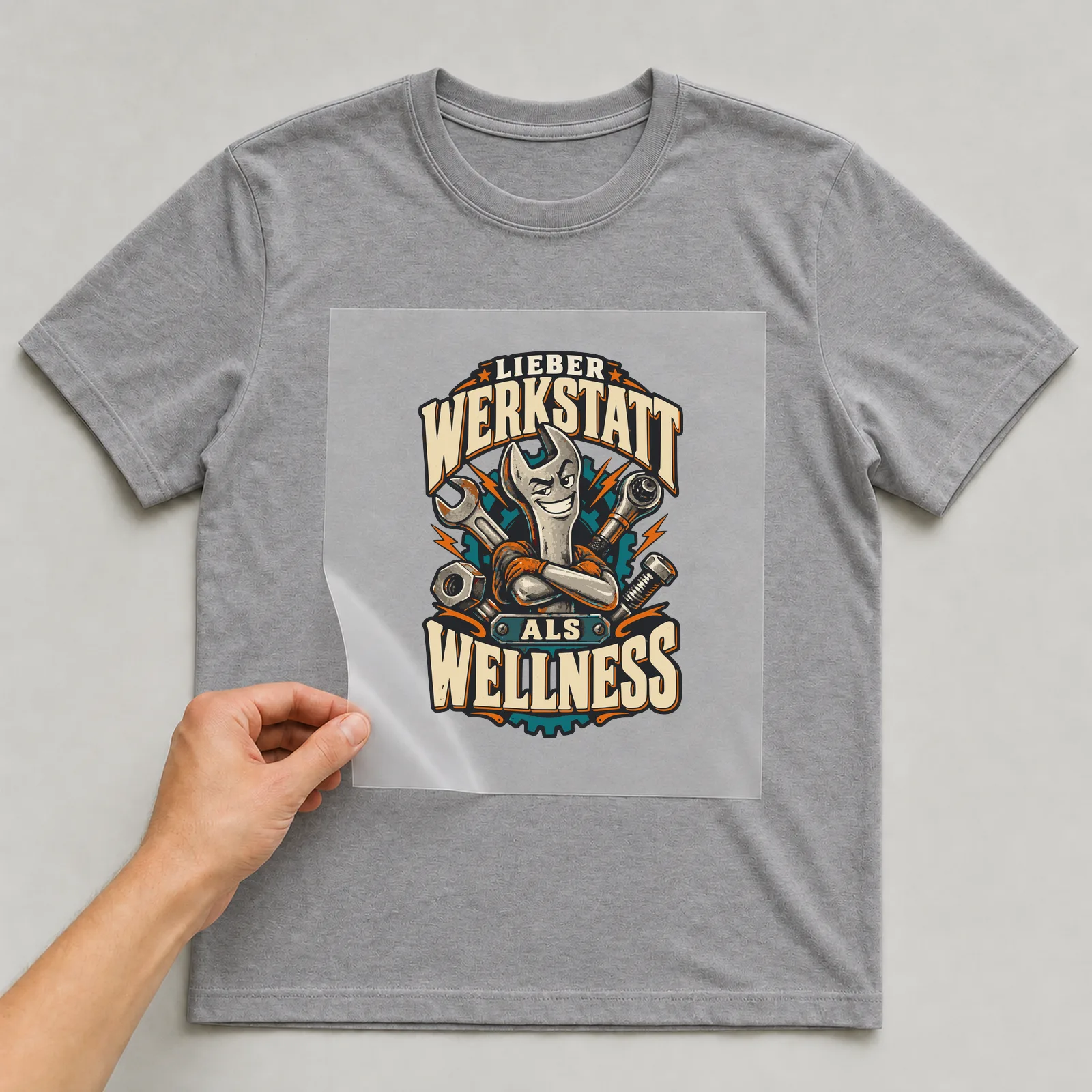 Bügelbild Lieber Werkstatt als Wellness auf grauem T-Shirt, Folie wird aufgelegt