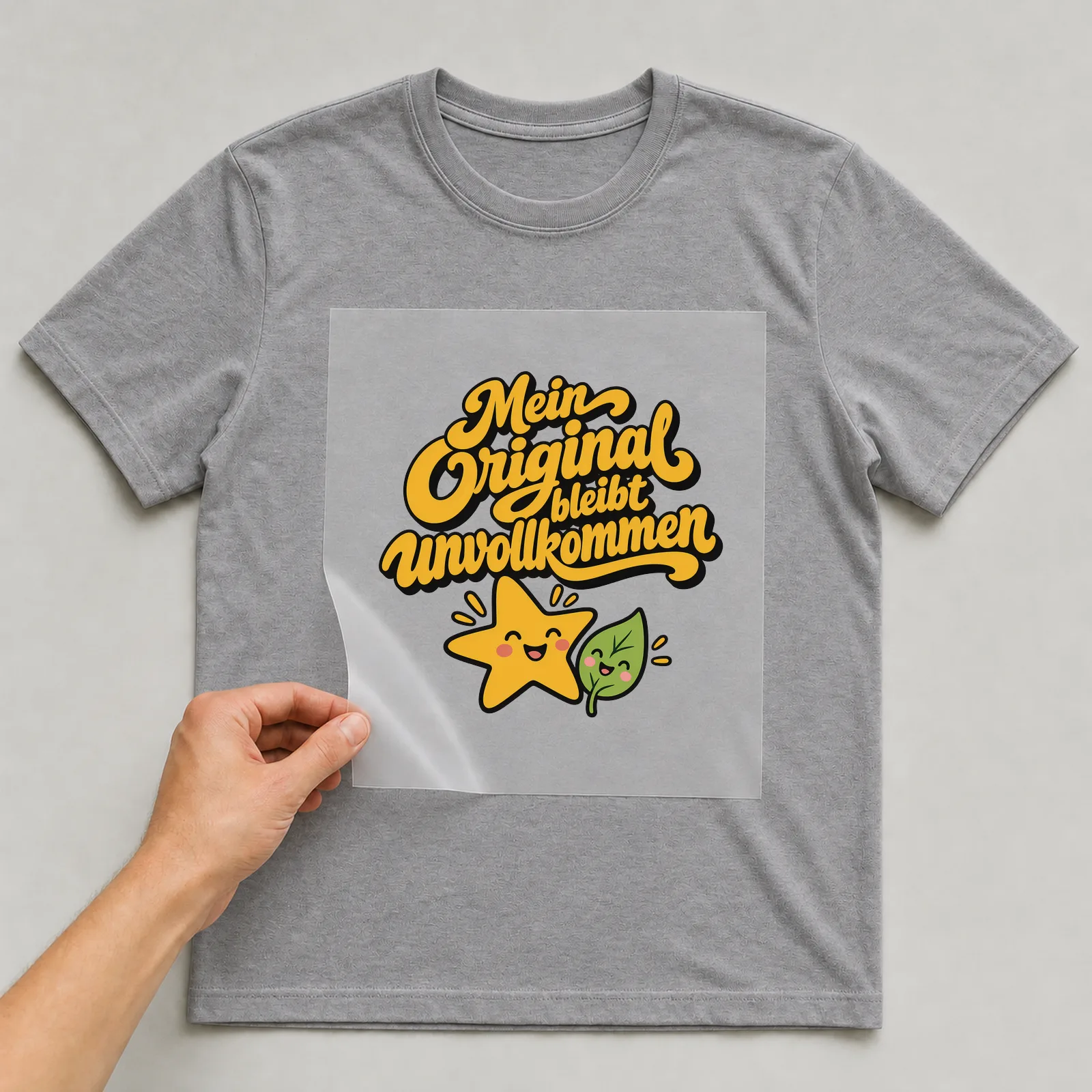 Bügelbild „Mein Original bleibt unvollkommen“ auf grauem T-Shirt, Folie wird aufgelegt