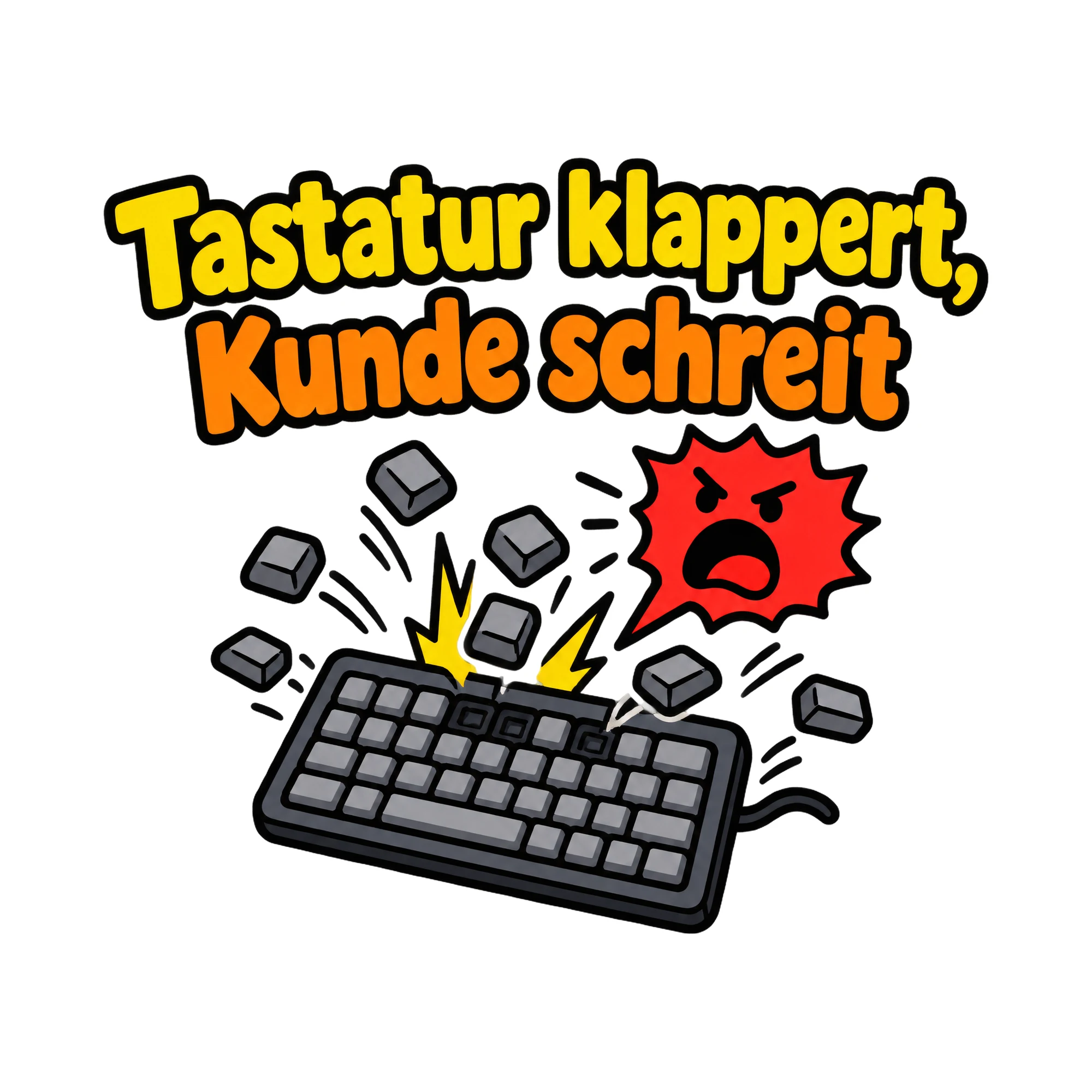 Bügelbild Tastatur klappert, Kunde schreit als Grafik auf weißem Hintergrund (BB020367)