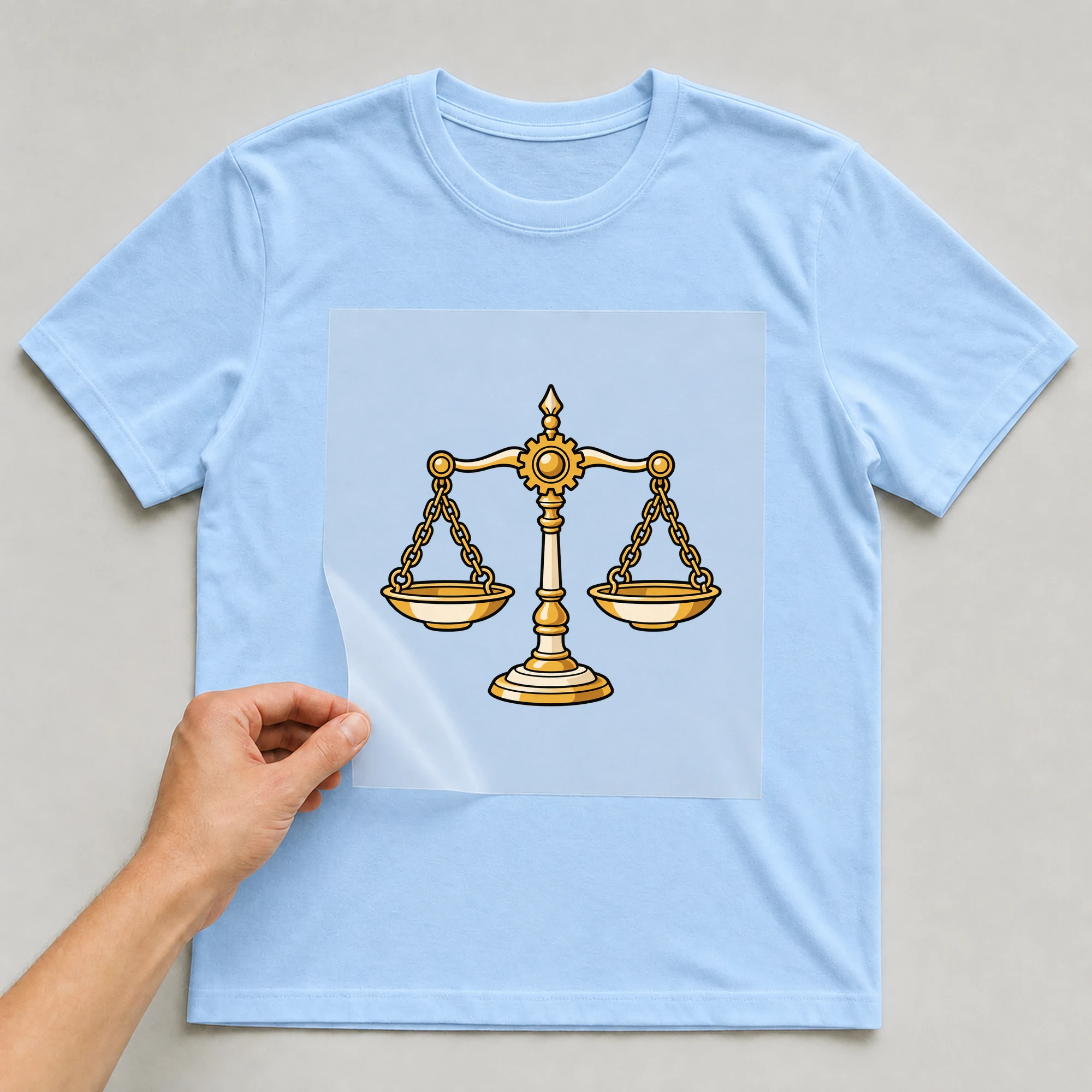 Bügelbild „Mecha Robotic Zodiac Sign Libra“ auf babyblauem T-Shirt, Folie wird aufgelegt