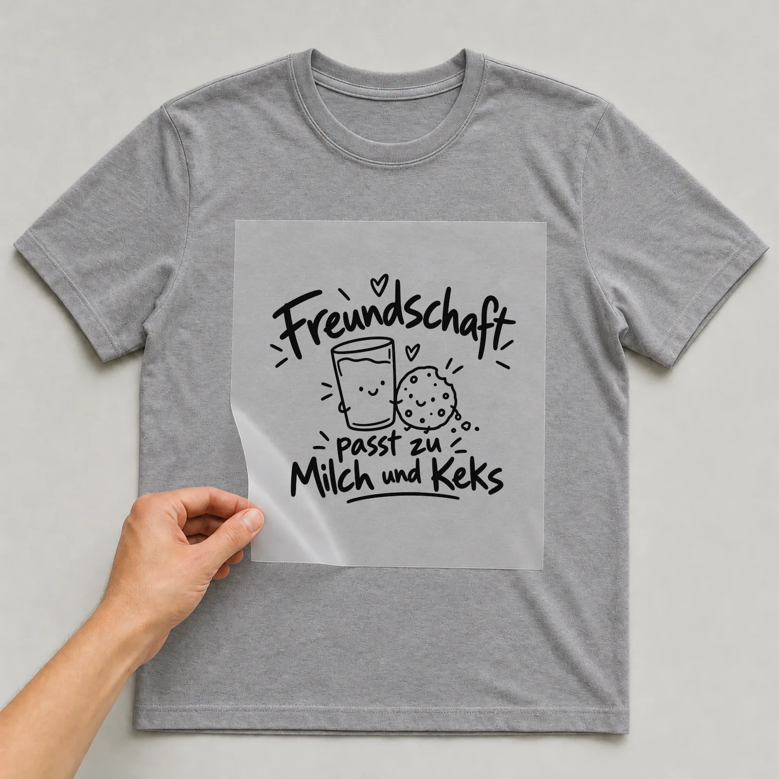 Bügelbild „Freundschaft passt zu Milch und Keks“ auf grauem T-Shirt, Folie wird aufgelegt