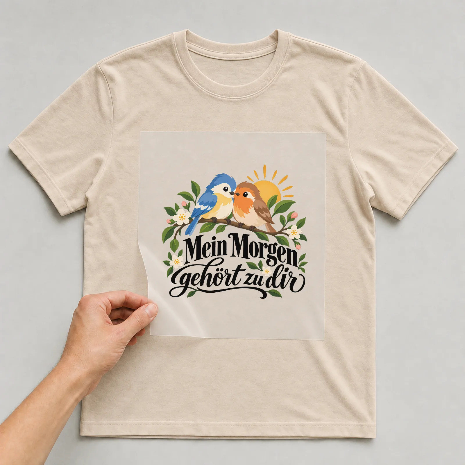 Bügelbild „Mein Morgen gehört zu dir“ auf beigem T-Shirt, Folie wird aufgelegt
