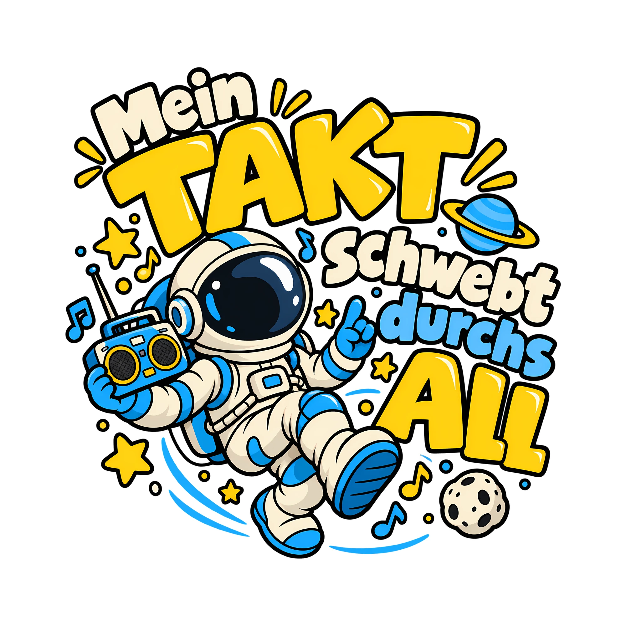 Bügelbild Mein Takt schwebt durchs All als Grafik auf weißem Hintergrund (BB014521)