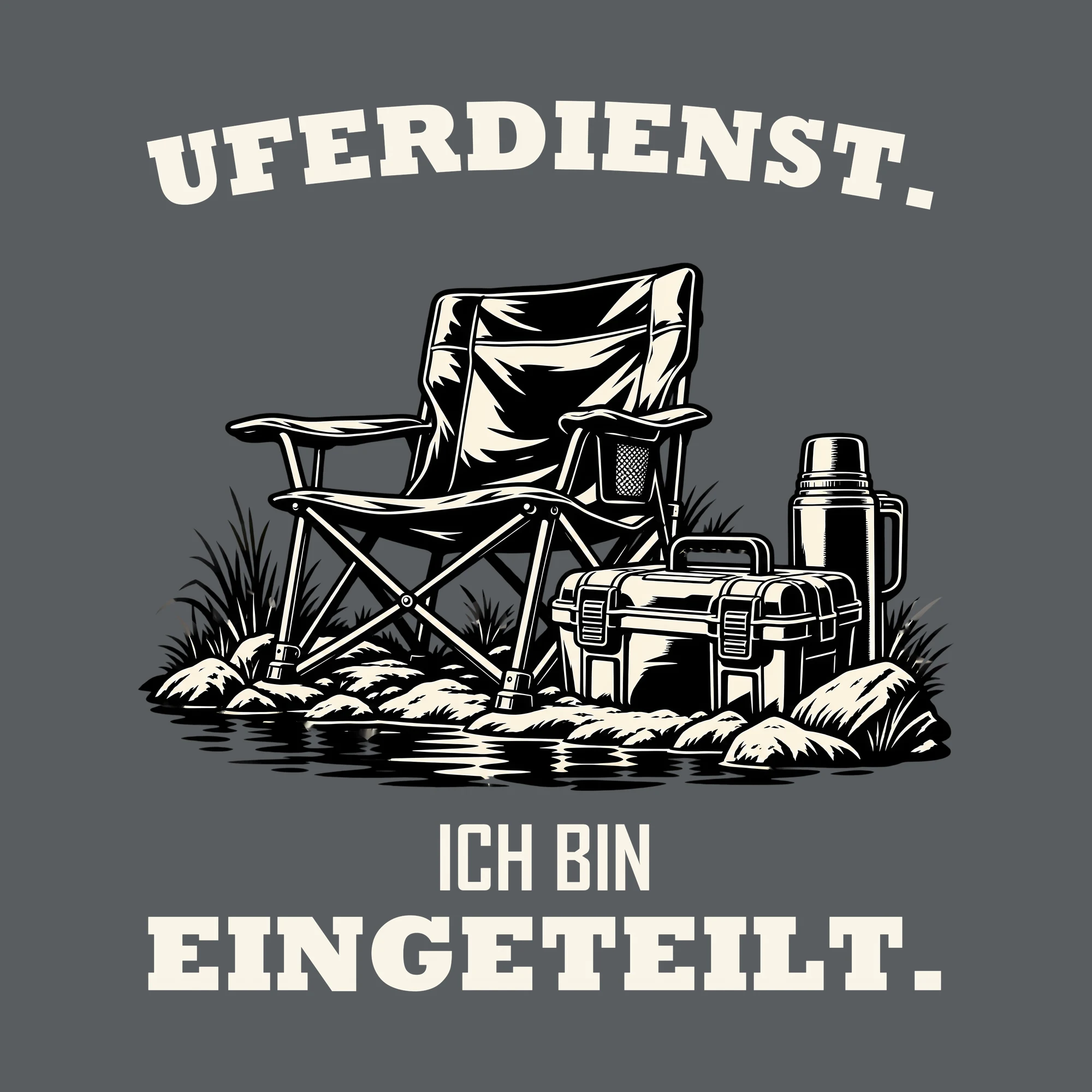 Bügelbild UFERDIENST. ICH BIN EINGETEILT. als Grafik auf dunklem Hintergrund (BB012776)