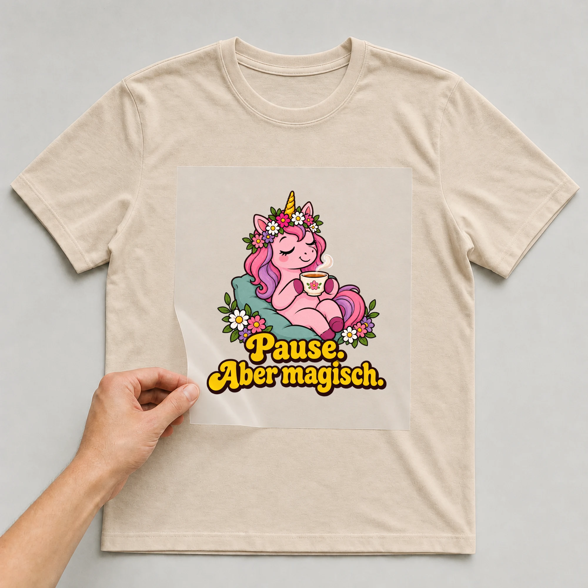 Bügelbild „Ein Schluck Einhornpause“ auf beigem T-Shirt, Folie wird aufgelegt