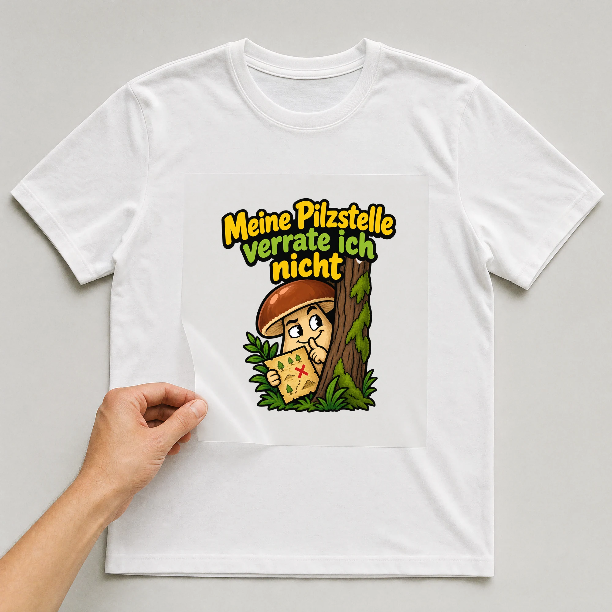 Bügelbild „Meine Pilzstelle verrate ich nicht“ auf weißem T-Shirt, Folie wird aufgelegt