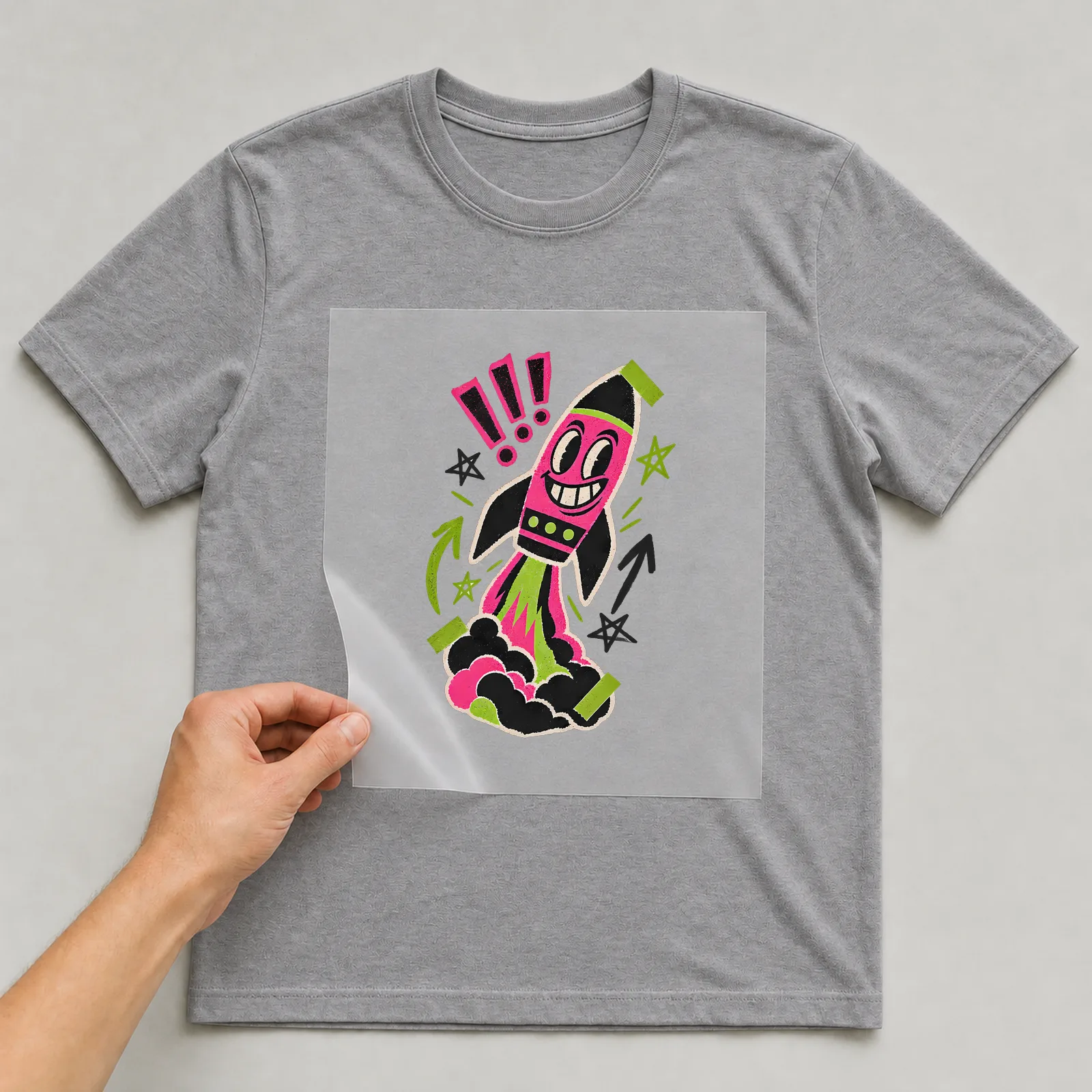 Bügelbild freundschaft rakete zine auf grauem T-Shirt, Folie wird aufgelegt