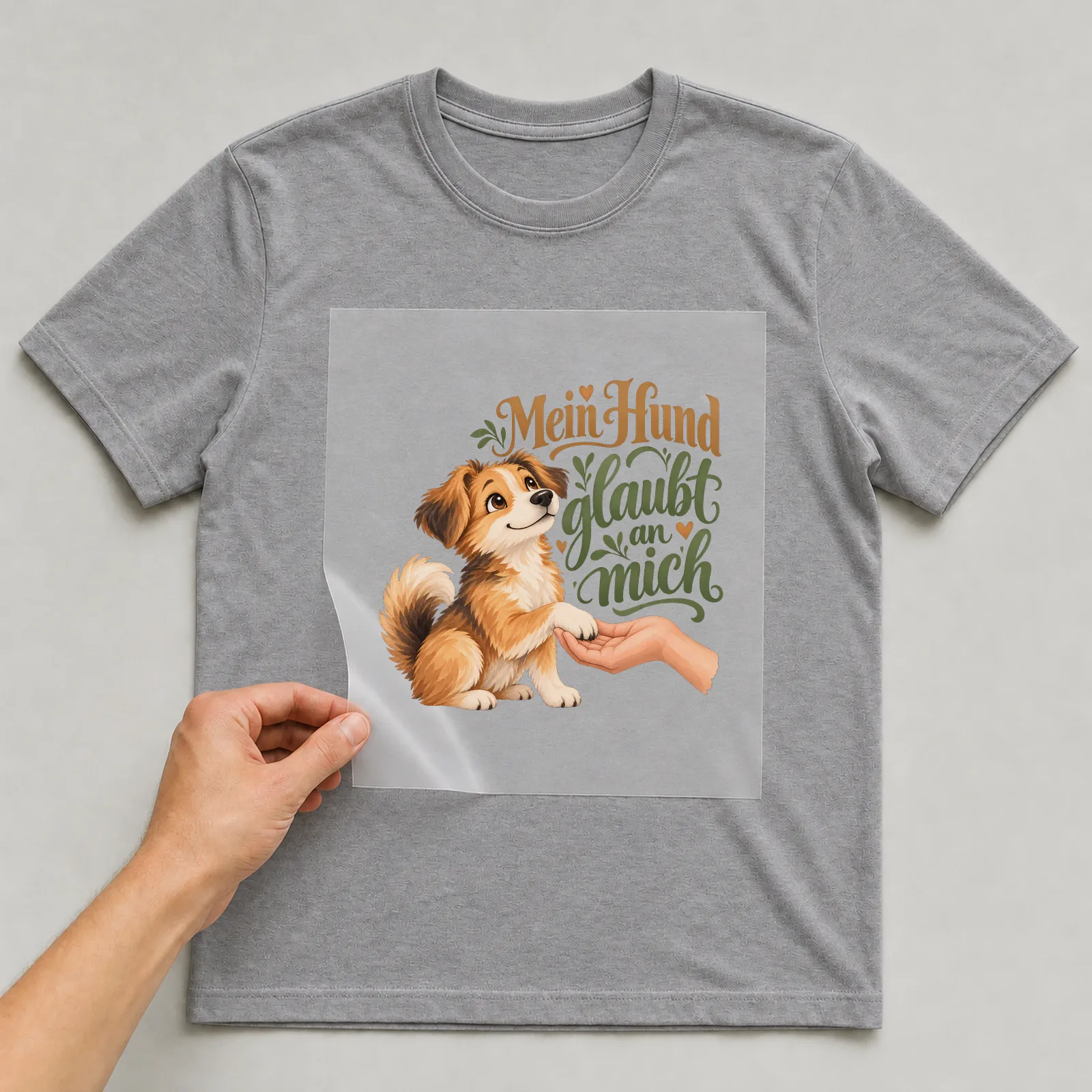 Bügelbild „Mein Hund glaubt an mich“ auf grauem T-Shirt, Folie wird aufgelegt