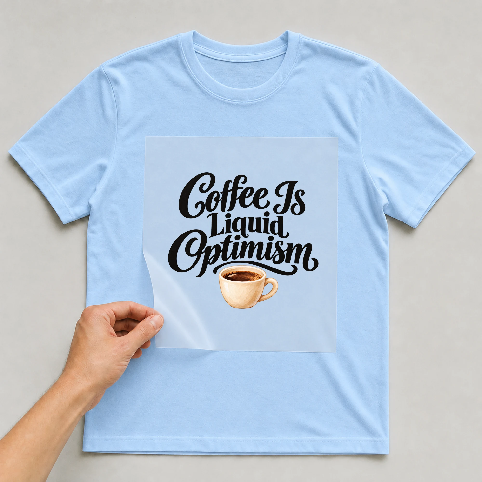 Bügelbild „Coffee Is Liquid Optimism“ auf babyblauem T-Shirt, Folie wird aufgelegt