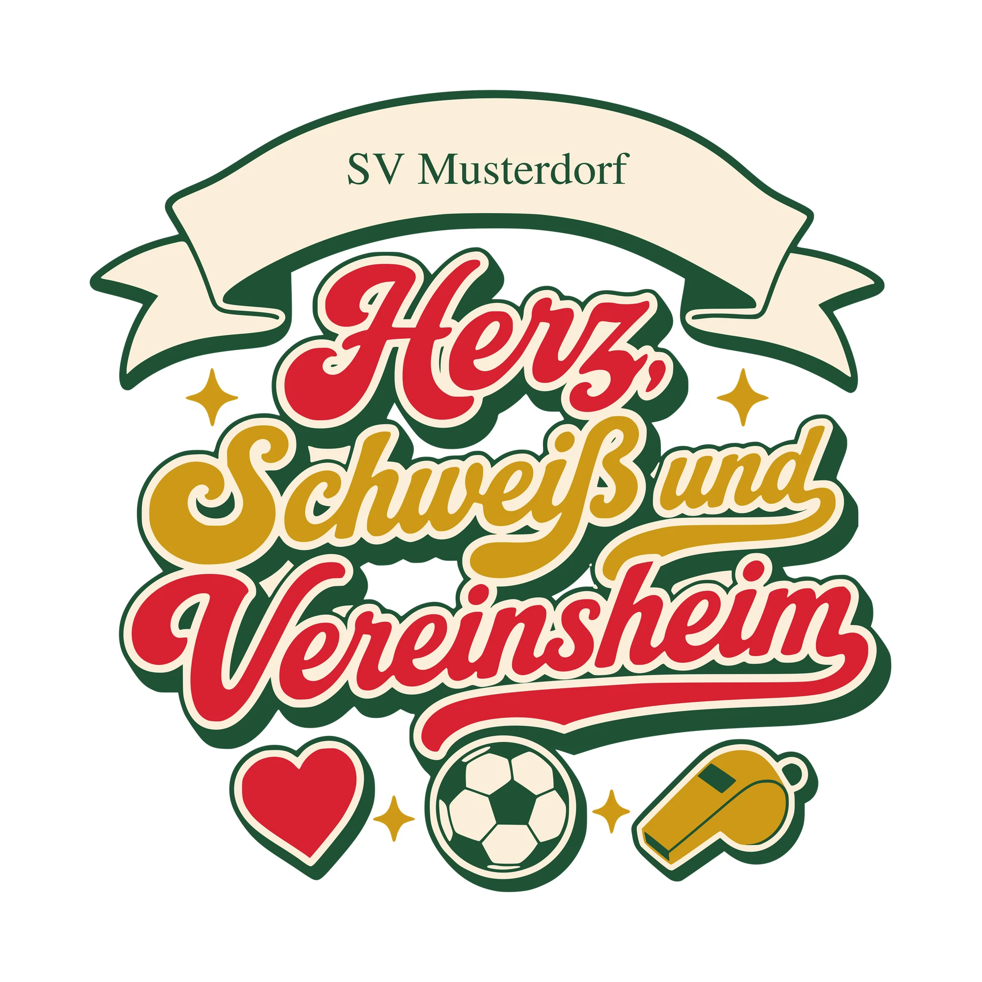 Bügelbild Herz, Schweiß und Vereinsheim mit Verein als Grafik auf weißem Hintergrund (BB010400)