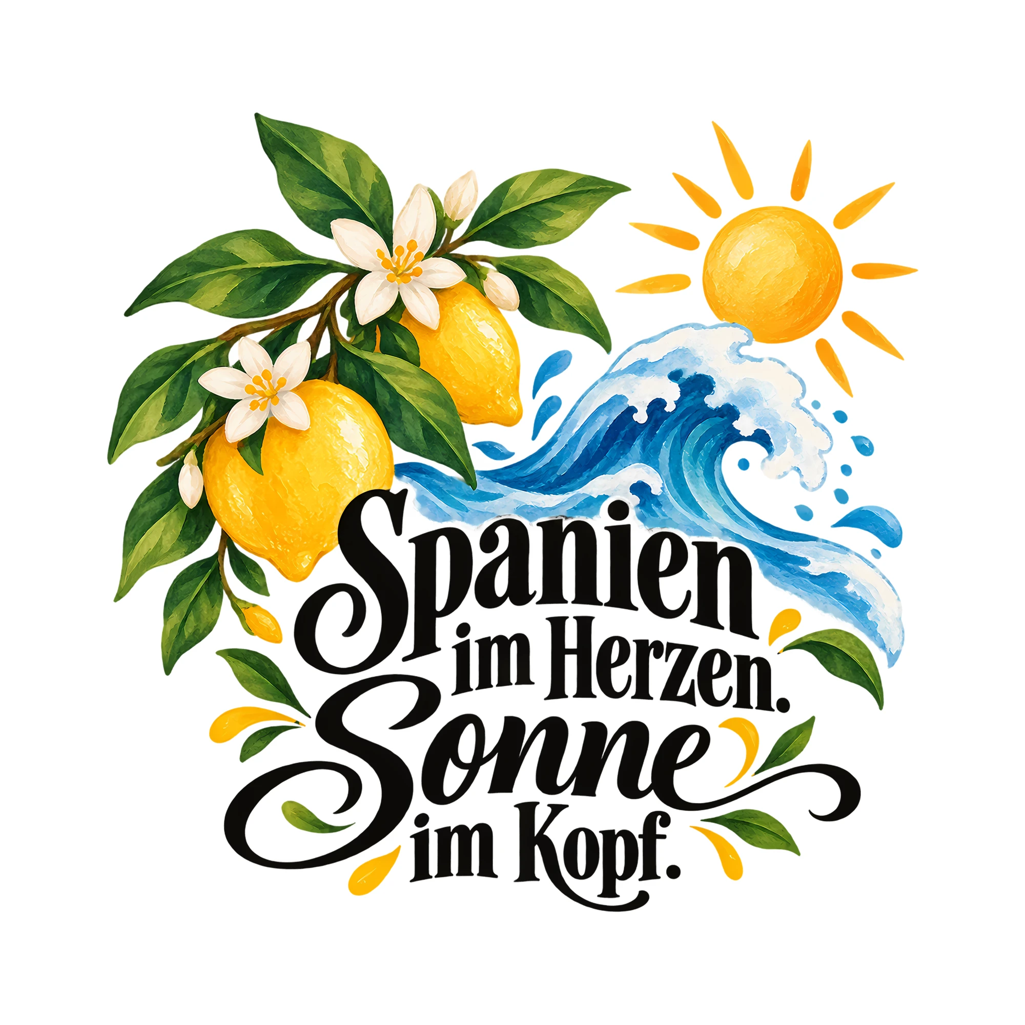 Bügelbild Spanien im Herzen. Sonne im Kopf. als Grafik auf weißem Hintergrund (BB013654)