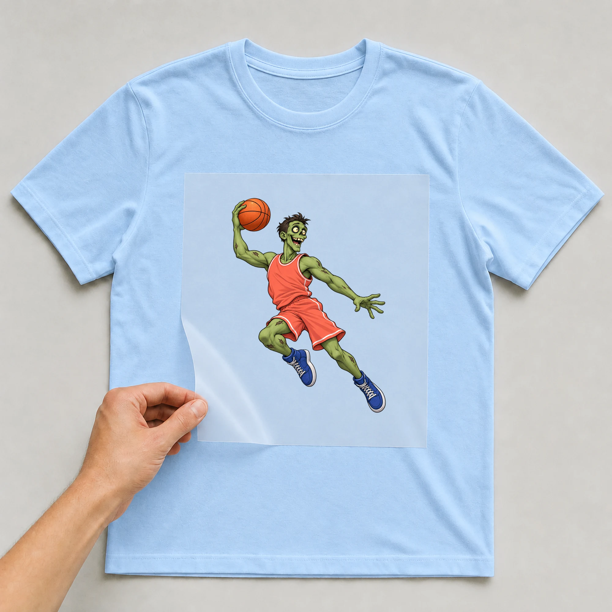 Bügelbild „Zombie Slam Dunk“ auf babyblauem T-Shirt, Folie wird aufgelegt