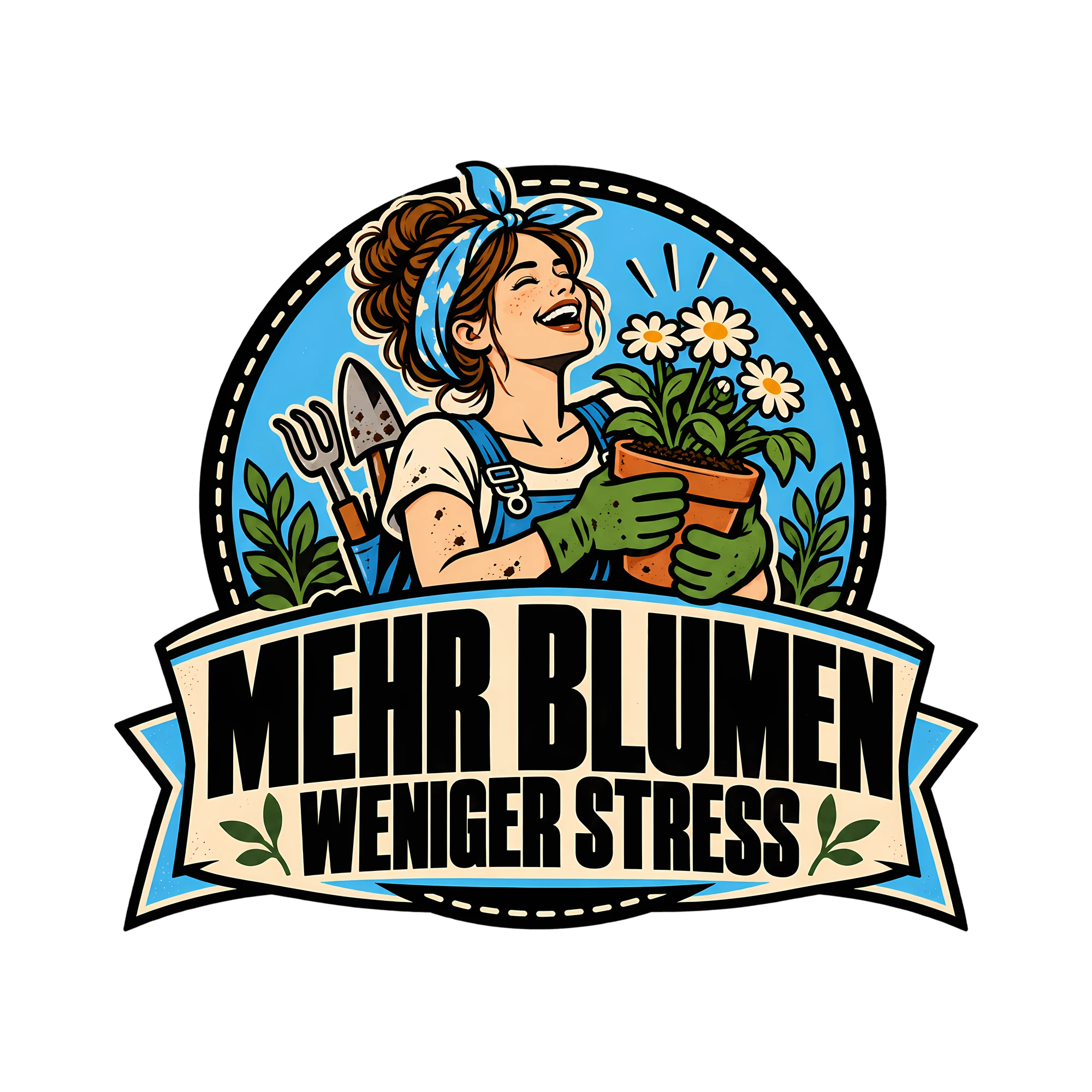 Bügelbild Mehr Blumen weniger Stress als Grafik auf weißem Hintergrund (BB013220)