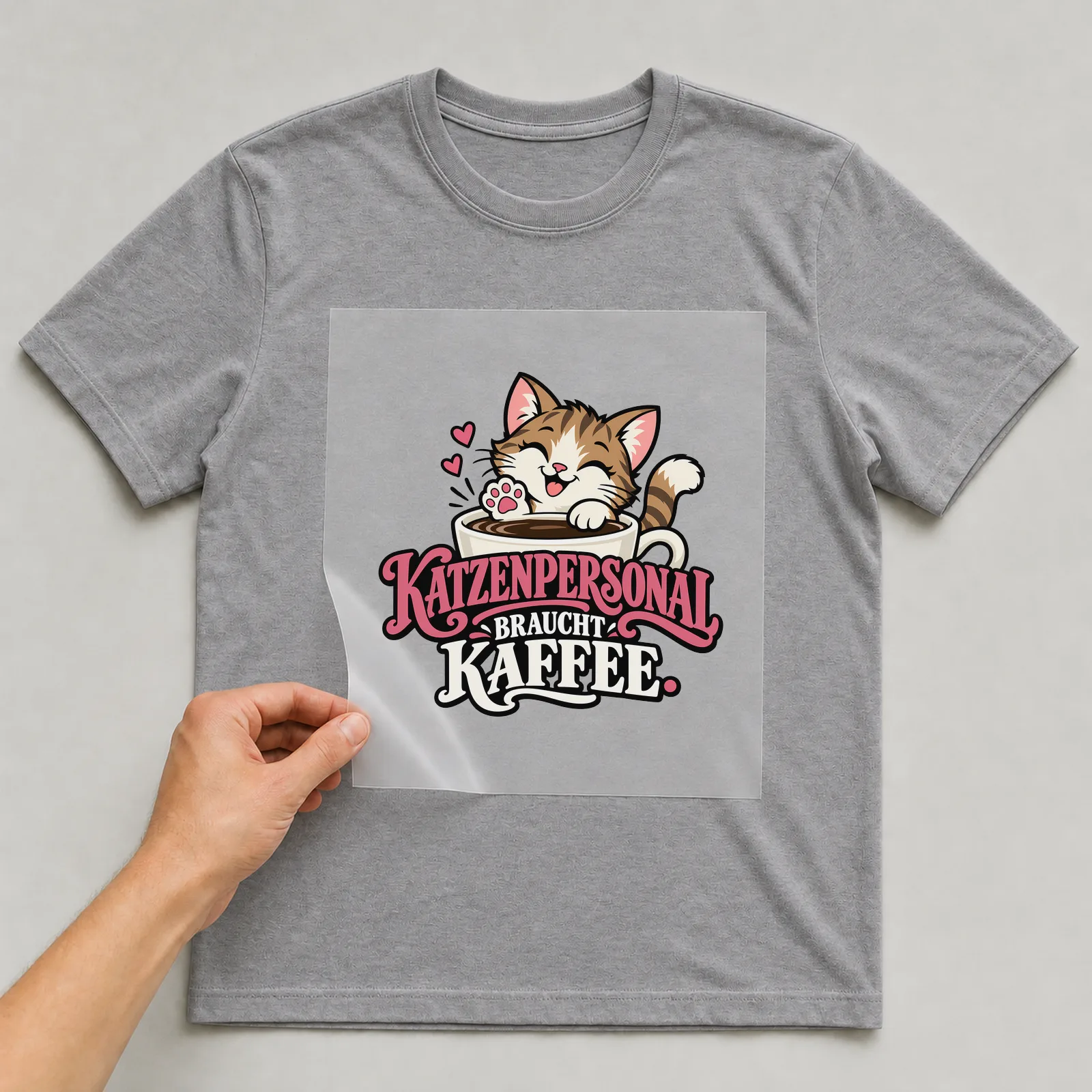 Bügelbild „Katzenpersonal braucht Kaffee“ auf grauem T-Shirt, Folie wird aufgelegt