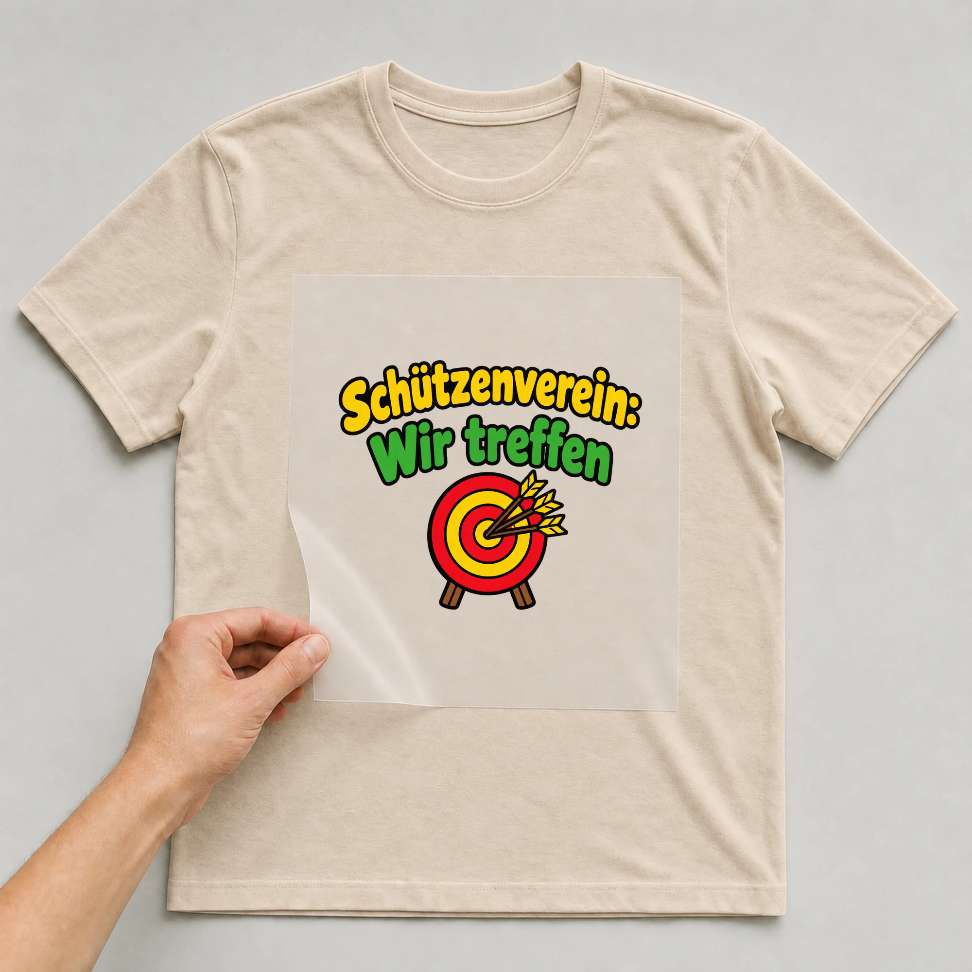 Bügelbild „Schützenverein: Wir treffen“ auf beigem T-Shirt, Folie wird aufgelegt