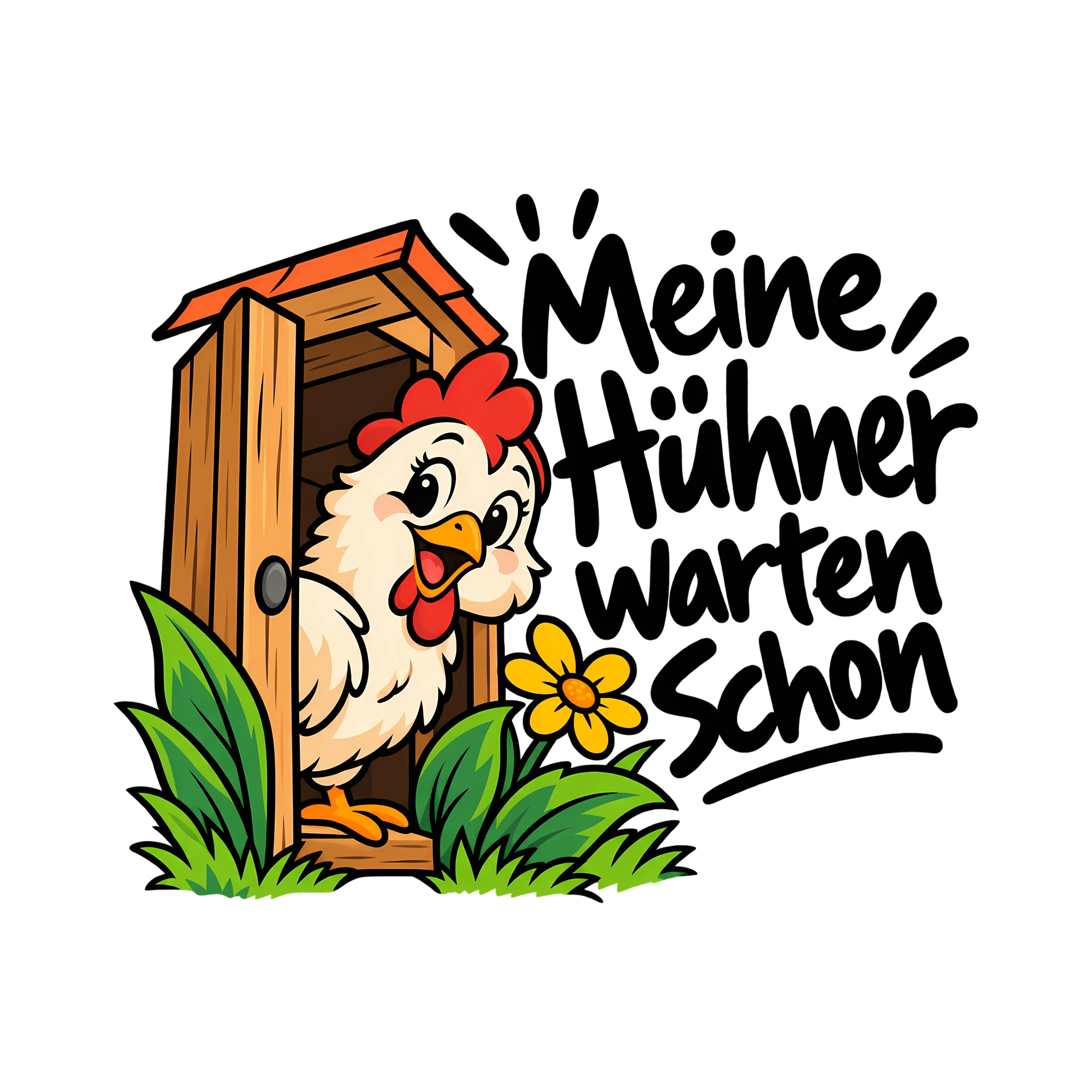 Bügelbild Meine Hühner warten schon als Grafik auf weißem Hintergrund (BB012971)