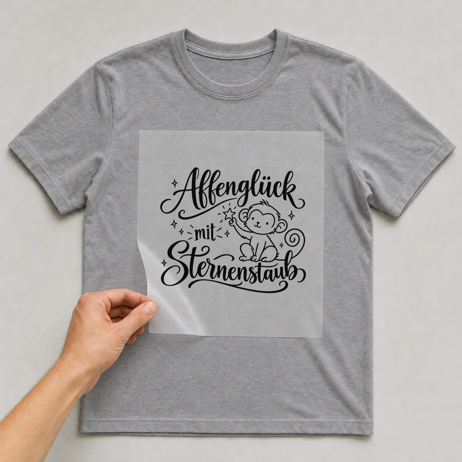 Bügelbild „Affenglück mit Sternenstaub“ auf grauem T-Shirt, Folie wird aufgelegt